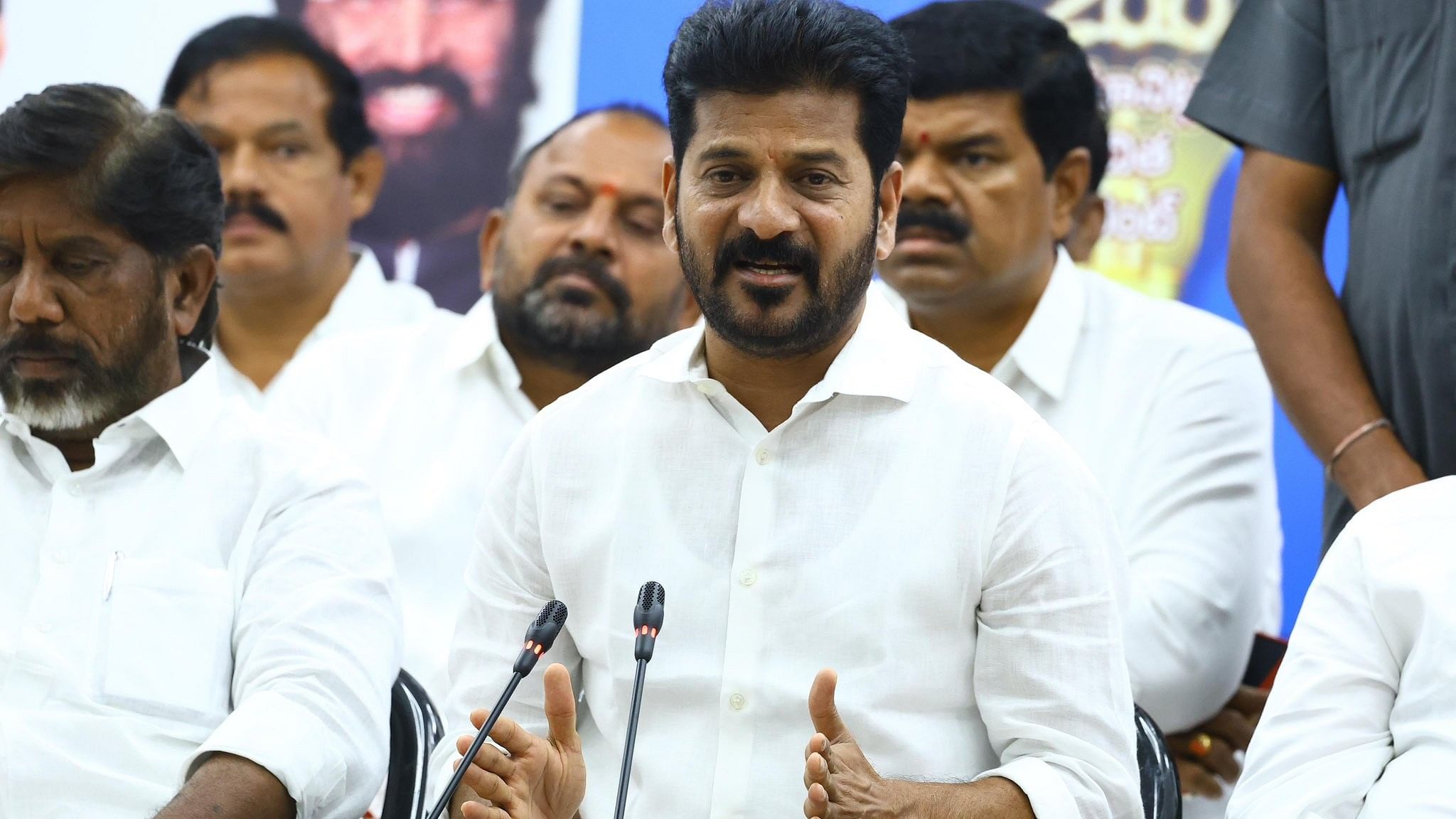 <div class="paragraphs"><p>A Revanth Reddy speaks during the unveiling of the new schemes.&nbsp;</p></div>