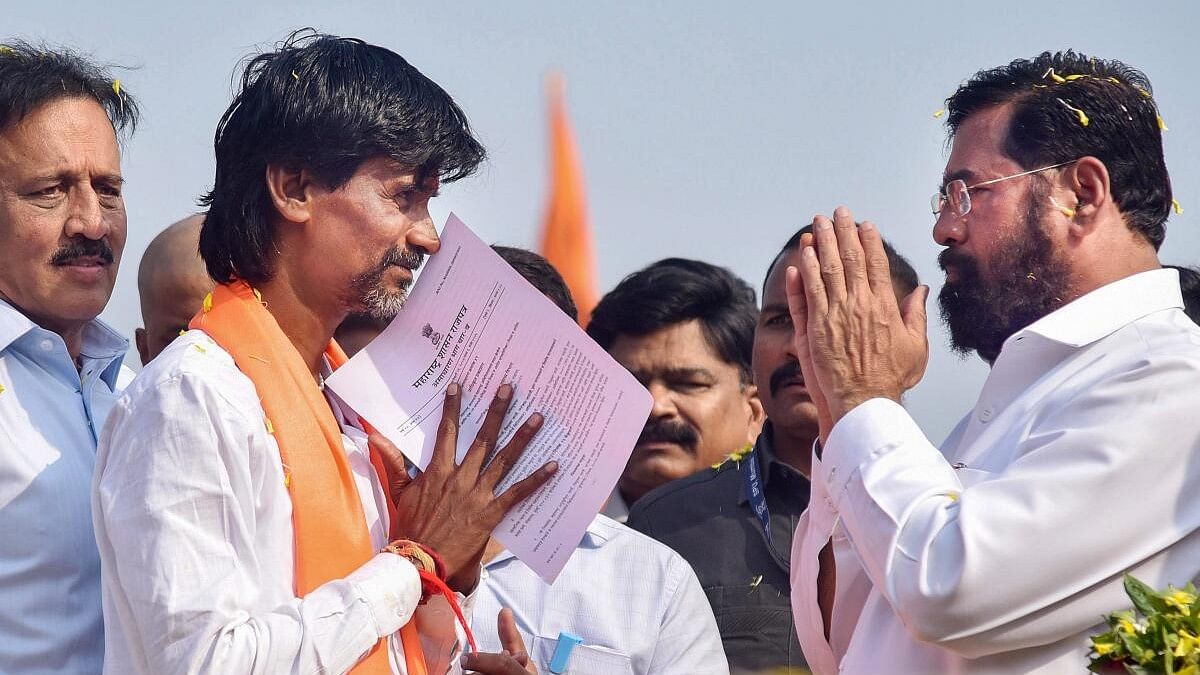 <div class="paragraphs"><p>File photo of Maharashtra Chief Minister Eknath Shinde with Maratha reservation activist Manoj Jarange Patil.&nbsp;</p></div>