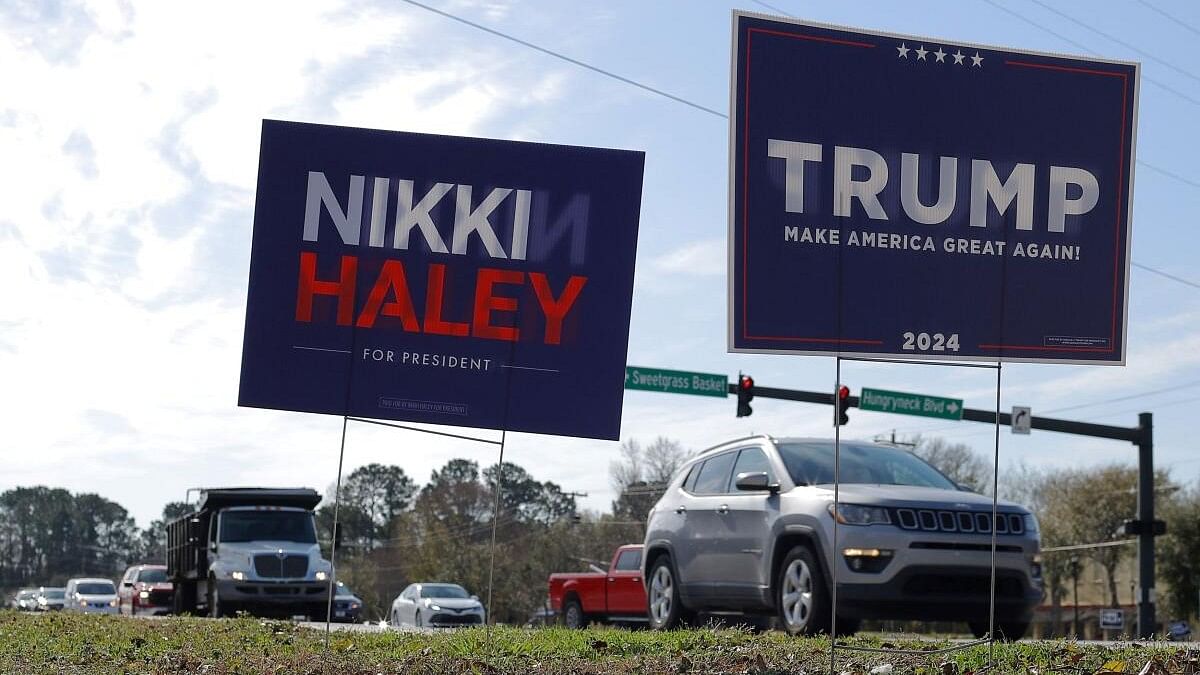 <div class="paragraphs"><p>Campaign signs for Republican presidential candidates former US Ambassador to the UN Nikki Haley and former US President Donald Trump stand along an intersection in Mount Pleasant, South Carolina.&nbsp;</p></div>