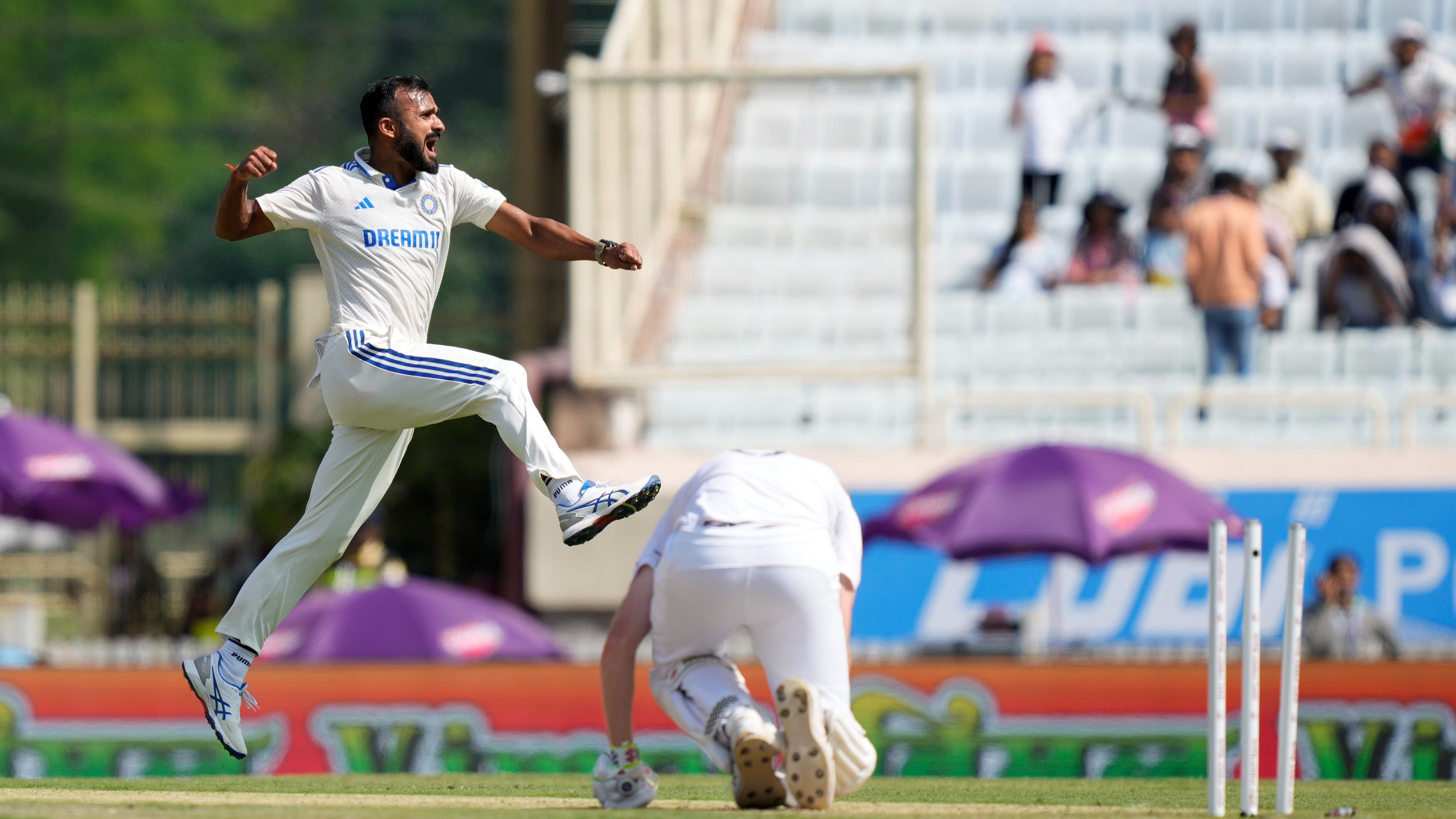 <div class="paragraphs"><p>India's Akash Deep celebrates the wicket of England's Zak Crawley.</p></div>