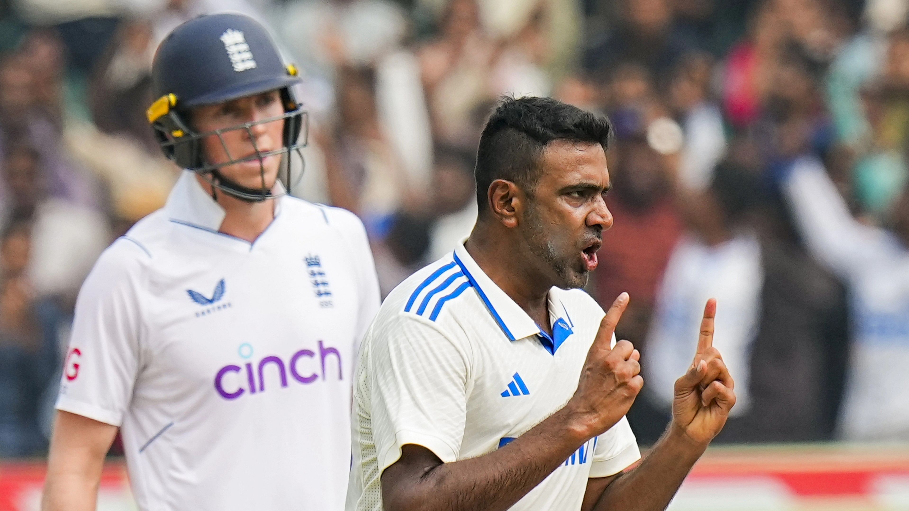 <div class="paragraphs"><p>India's bowler Ravichandran Ashwin celebrates the wicket of England's batter Joe Root during the fourth day of the second Test match between India and England, at Dr Y.S. Rajasekhara Reddy ACA-VDCA Cricket Stadium, in Visakhapatnam, Monday, February 5, 2024. </p></div>