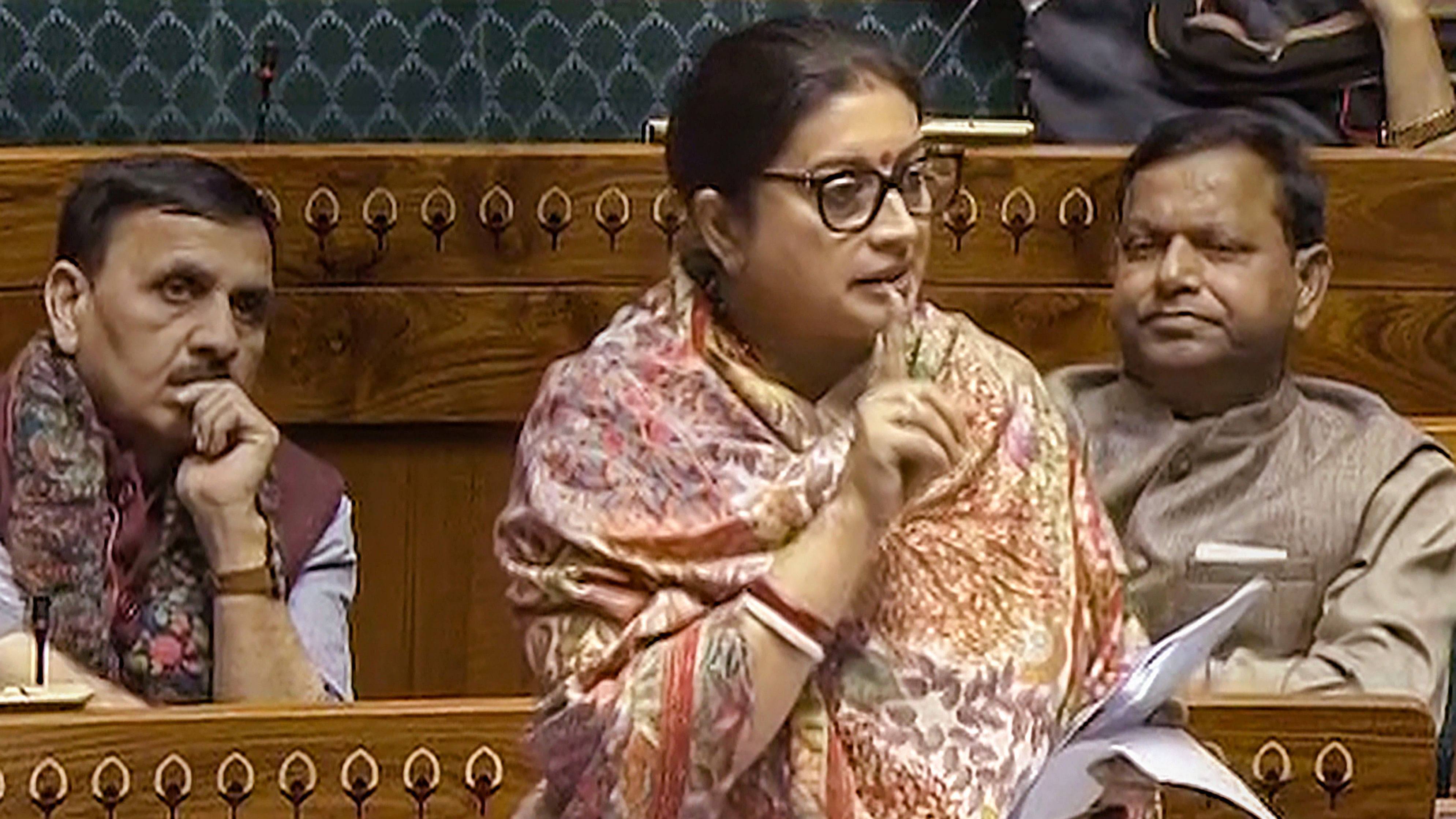 <div class="paragraphs"><p>Union Minister Smriti Irani speaks in the Lok Sabha during the Budget session of Parliament, in New Delhi, Wednesday, Feb 7, 2024.</p></div>