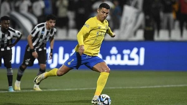 <div class="paragraphs"><p>Al Nassr's Cristiano Ronaldo scores their first goal from the penalty spot during the Al Shabab vs Al Nassr match at the Prince Faisal bin Fahd Stadium, Riyadh, Saudi Arabia, February 25, 2024.</p></div>