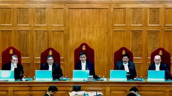 <div class="paragraphs"><p>The five-judge bench headed by Chief Justice of India Dr D Y Chandrachud and comprising Justices Sanjiv Khanna, B R Gavai, J B Pardiwala and Manoj Mishra during pronouncement of verdict on electoral bond scheme on Thursday.</p></div>