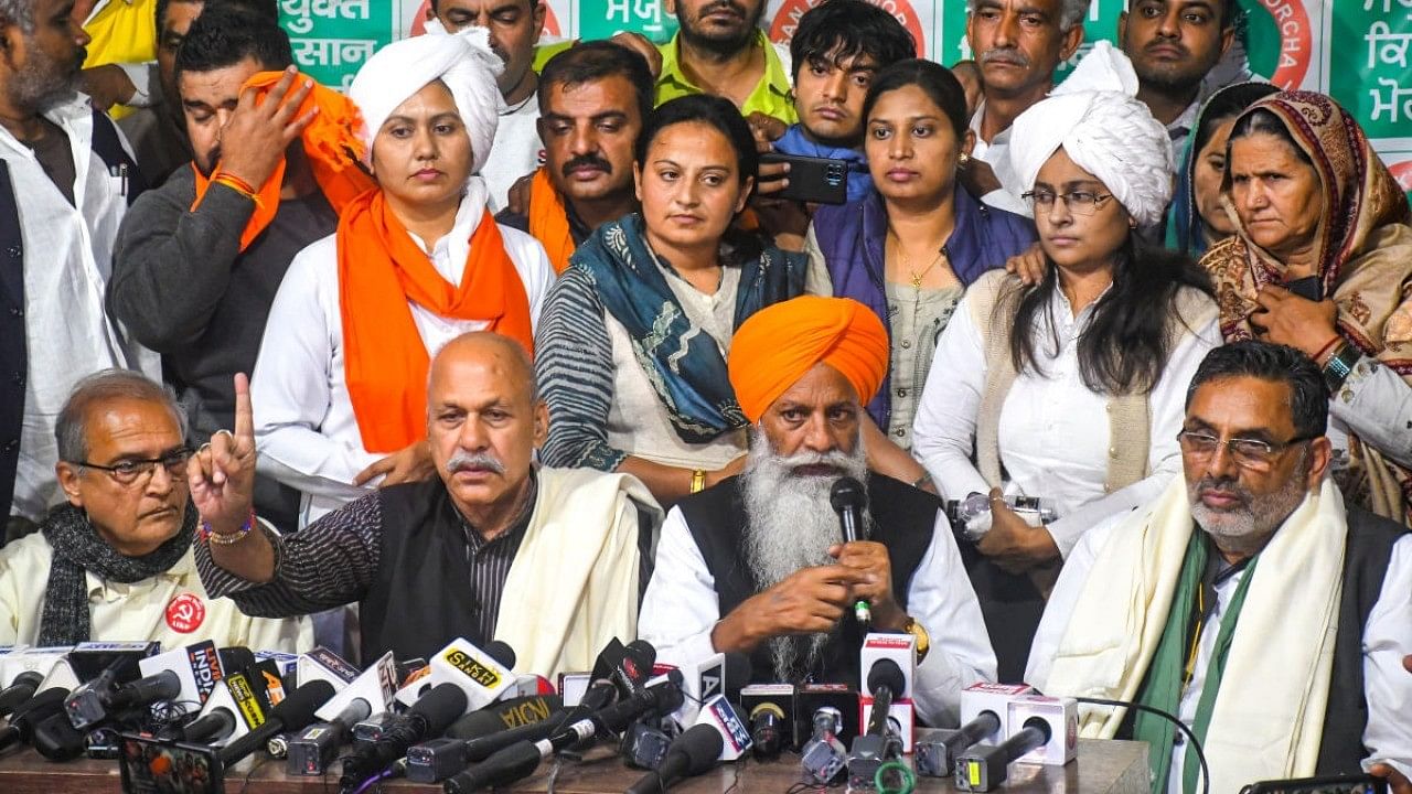<div class="paragraphs"><p>Senior SKM leaders address a press conference on the future course of the farmers agitation, at Singhu Border in New Delhi. </p></div>