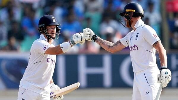 <div class="paragraphs"><p>England's Ben Duckett with teammate Ben Stokes celebrates scoring 150 runs during the 3rd day of the 3rd cricket test match between India and England, at Niranjan Shah Stadium, in Rajkot, Saturday, Feb. 17, 2024</p></div>