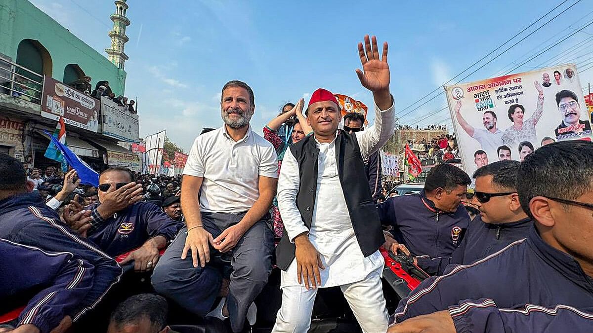 <div class="paragraphs"><p>Congress MP Rahul Gandhi and Samajwadi Party chief Akhilesh Yadav during the 'Bharat Jodo Nyay Yatra', in Agra.&nbsp;</p></div>