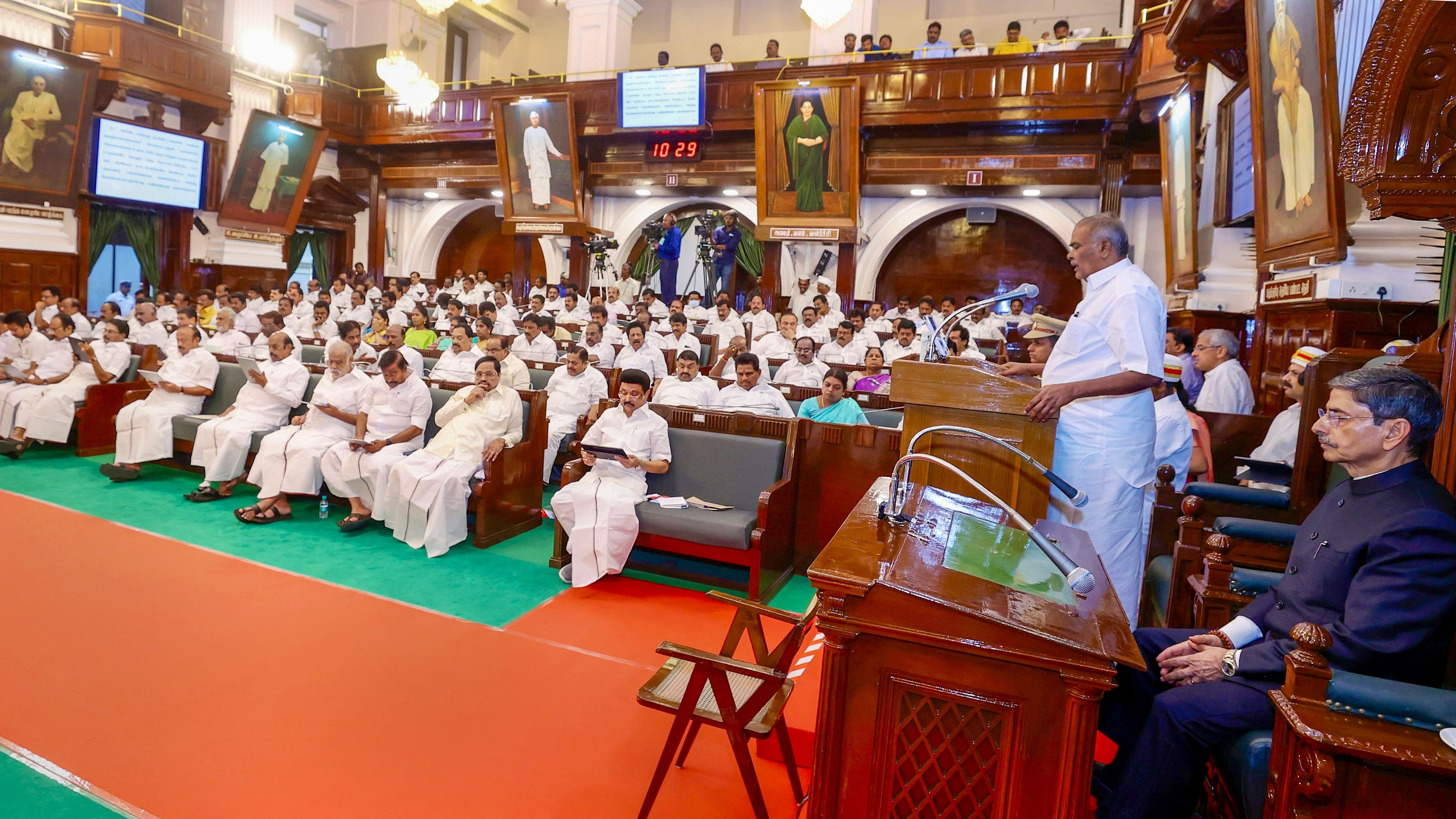 <div class="paragraphs"><p>Tamil Nadu Assembly Speaker M Appavu addresses during the first day of TN Assembly session, in Chennai, on Monday. Tamil Nadu Governor RN Ravi is also seen.</p></div>