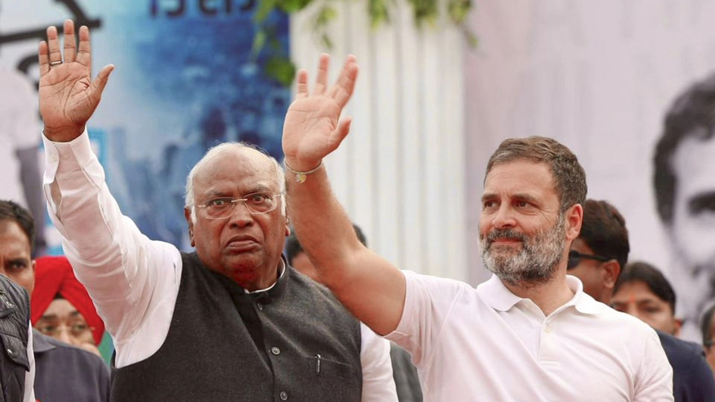 <div class="paragraphs"><p>Congress President Mallikarjun Kharge with party leader Rahul Gandhi at a public meeting during the Bharat Jodo Nyay Yatra, in Ambikapur, Tuesday, February 13, 2024.</p></div>