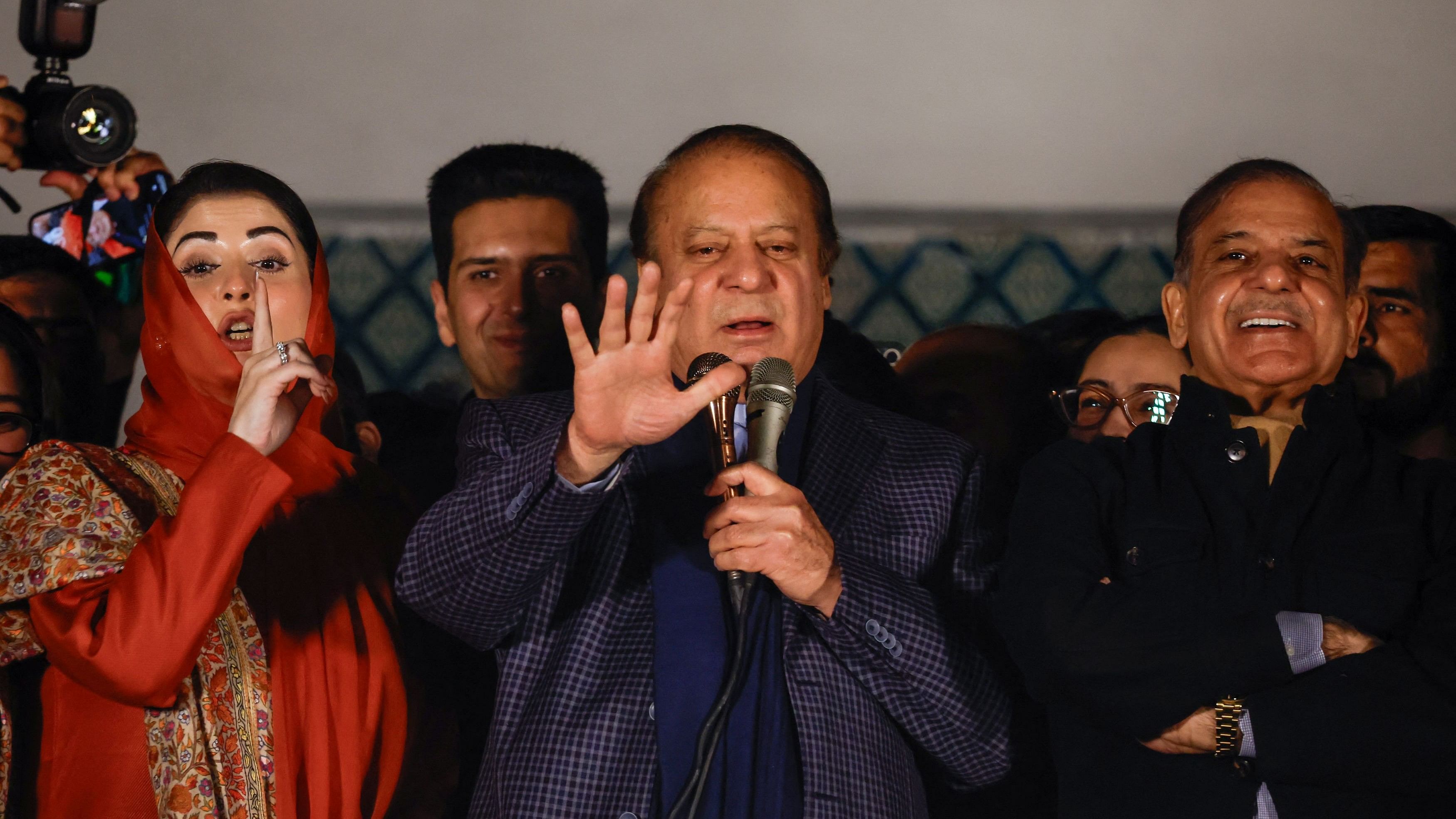 <div class="paragraphs"><p>Former Prime Minister of Pakistan Nawaz Sharif speaks, flanked by his daughter and politician Maryam Nawaz Sharif and his brother and former Prime Minister Shahbaz Sharif, at the party office of Pakistan Muslim League (N) at Model Town in Lahore, Pakistan, February 9, 2024.</p></div>