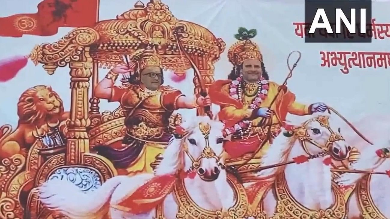 <div class="paragraphs"><p>In the posters, Gandhi is shown as Lord Krishna riding on a chariot while Uttar Pradesh Congress chief Ajay Rai is depicted as Arjun.</p></div>