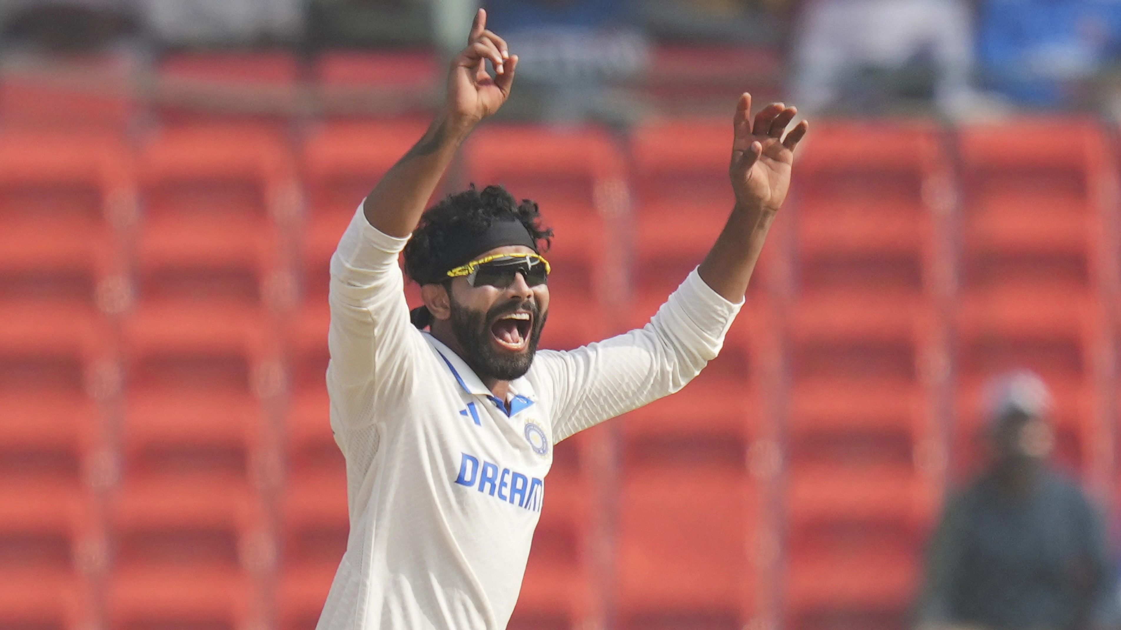 <div class="paragraphs"><p>Indian cricketer Ravindra Jadeja appeals for a wicket during the fourth day of first Test cricket match between India and England, at Rajiv Gandhi International Stadium in Hyderabad.</p></div>