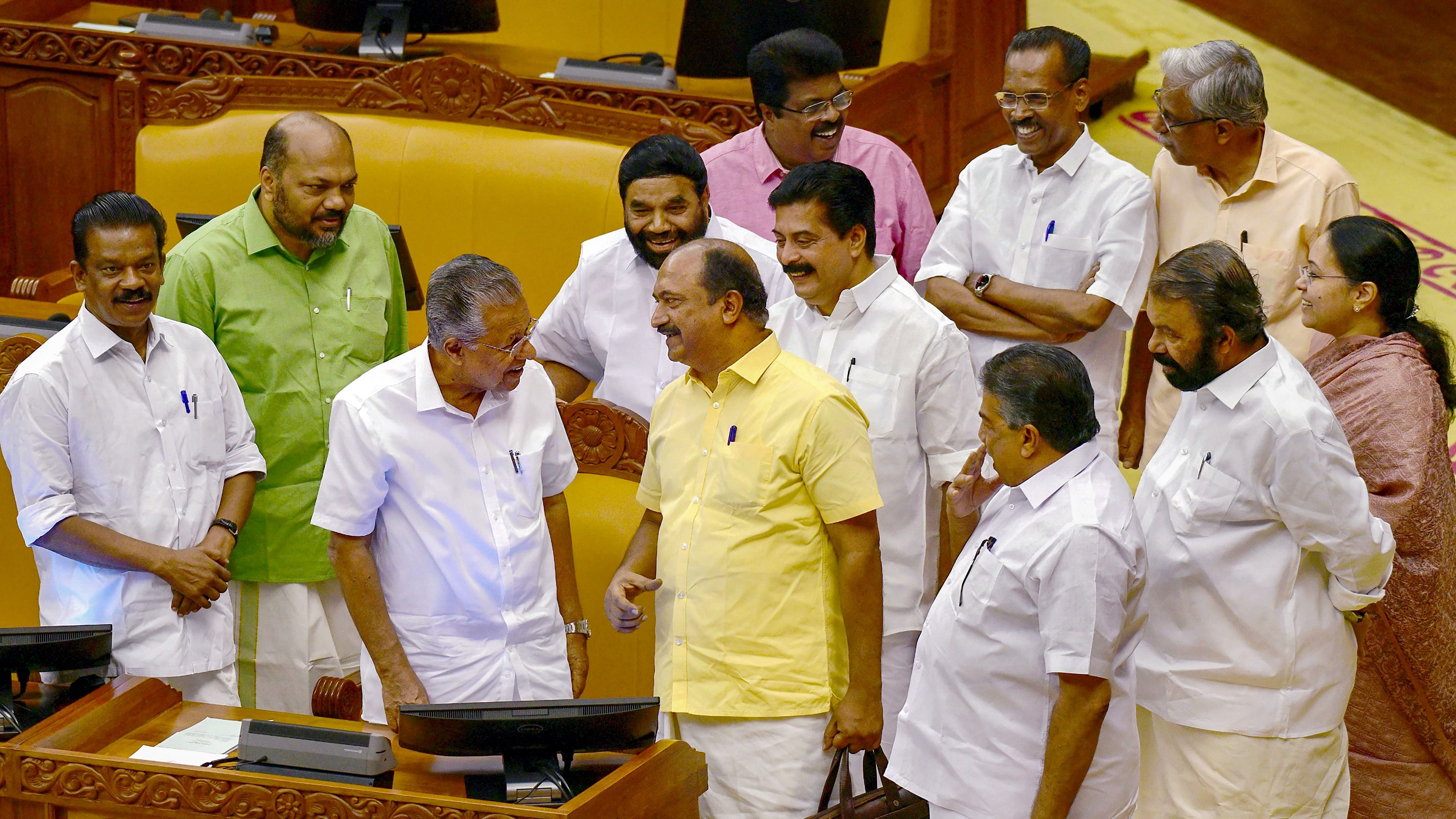 <div class="paragraphs"><p>Kerala Finance Minister KN Balagopal greets Chief Minister Pinarayi Vijayan during the Budget session.&nbsp;</p></div>