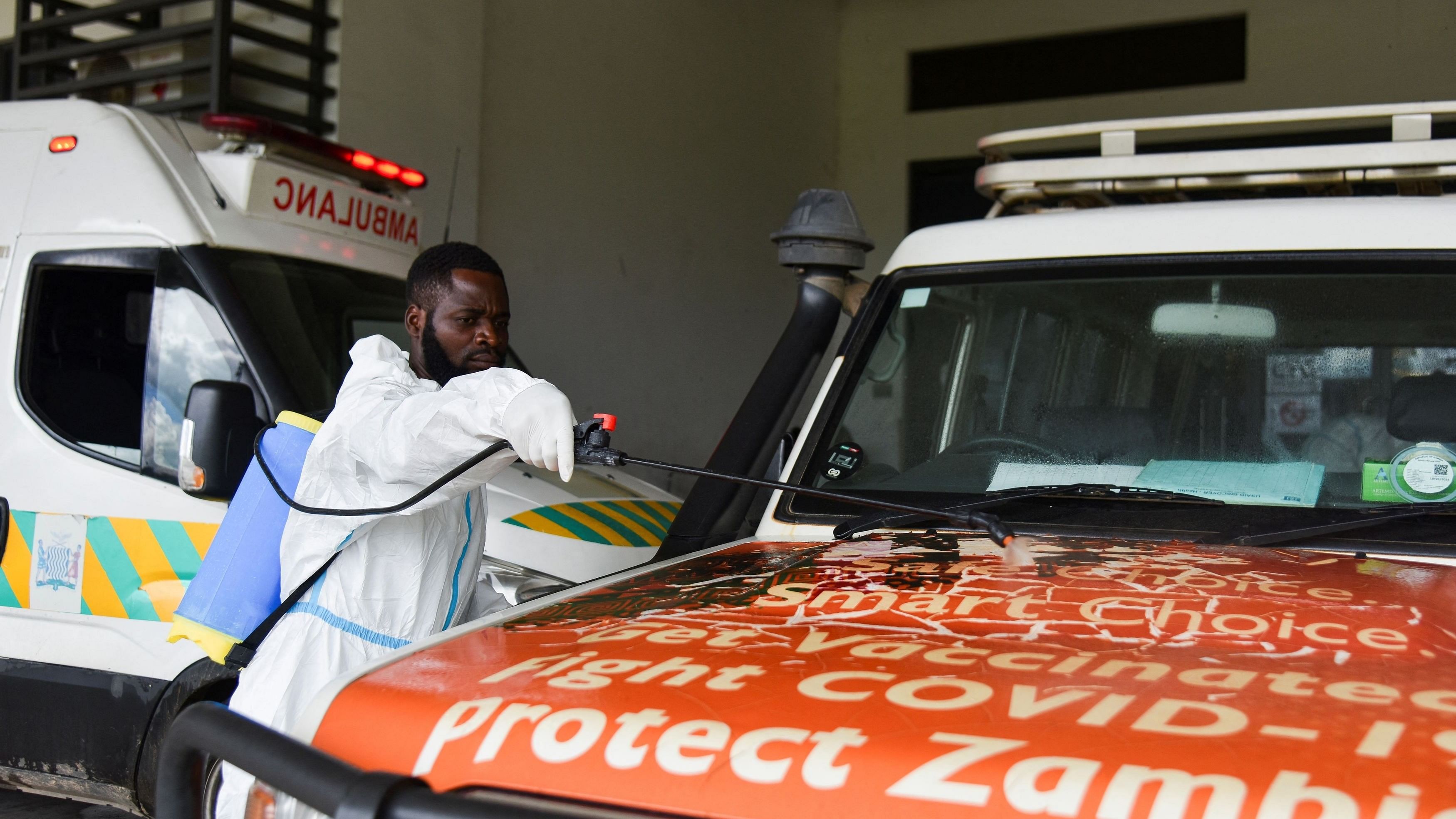 <div class="paragraphs"><p>A worker disinfects a medical vehicle at a temporary cholera treatment centre which has been set up to deal with the latest deadly cholera outbreak at the Heroes National Stadium in Lusaka, Zambia, January 17, 2024.</p></div>