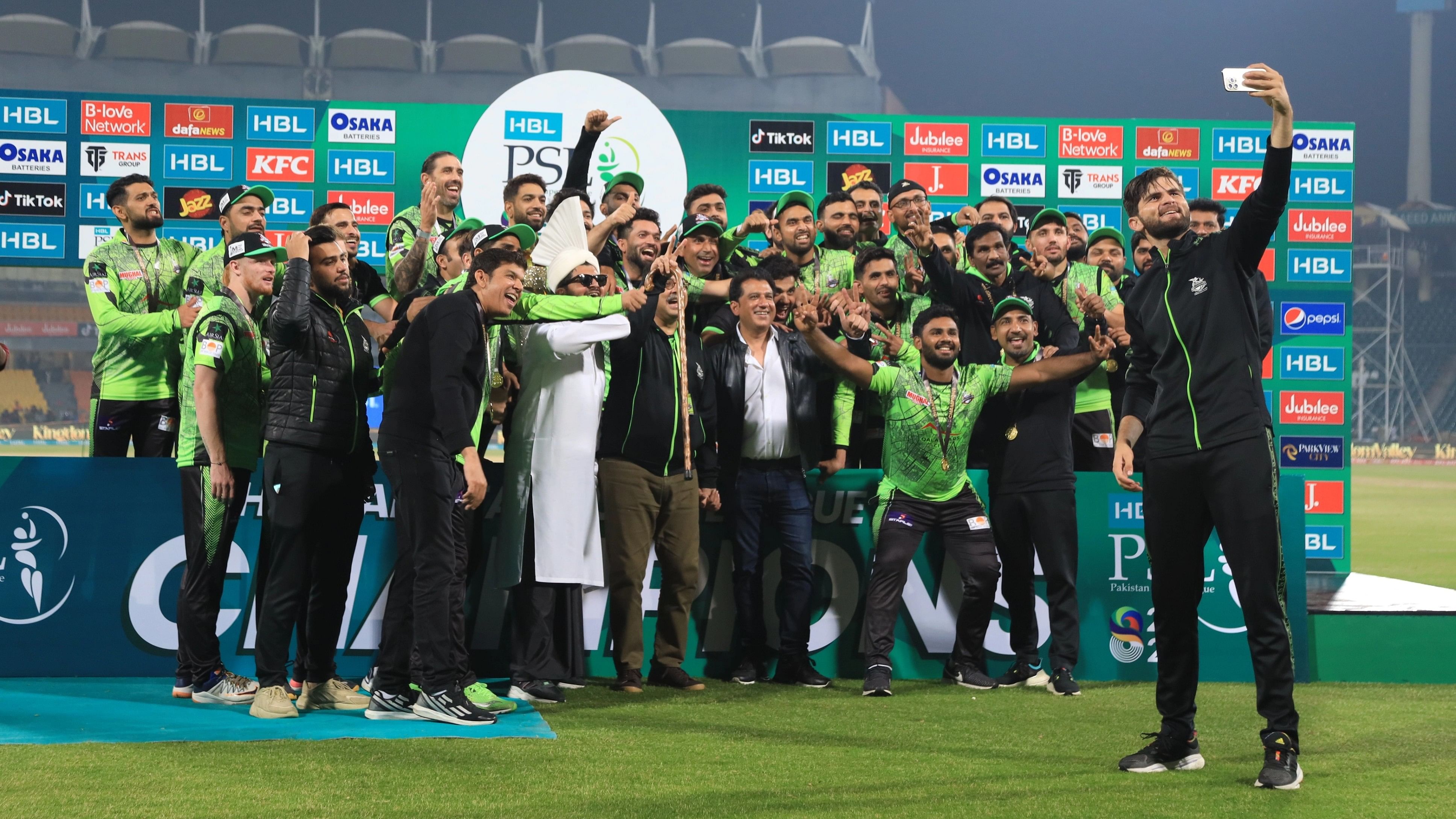 <div class="paragraphs"><p>A file photo of Lahore Qalandars posing for a selfie after winning the&nbsp;Pakistan Super League in 2023.</p></div>
