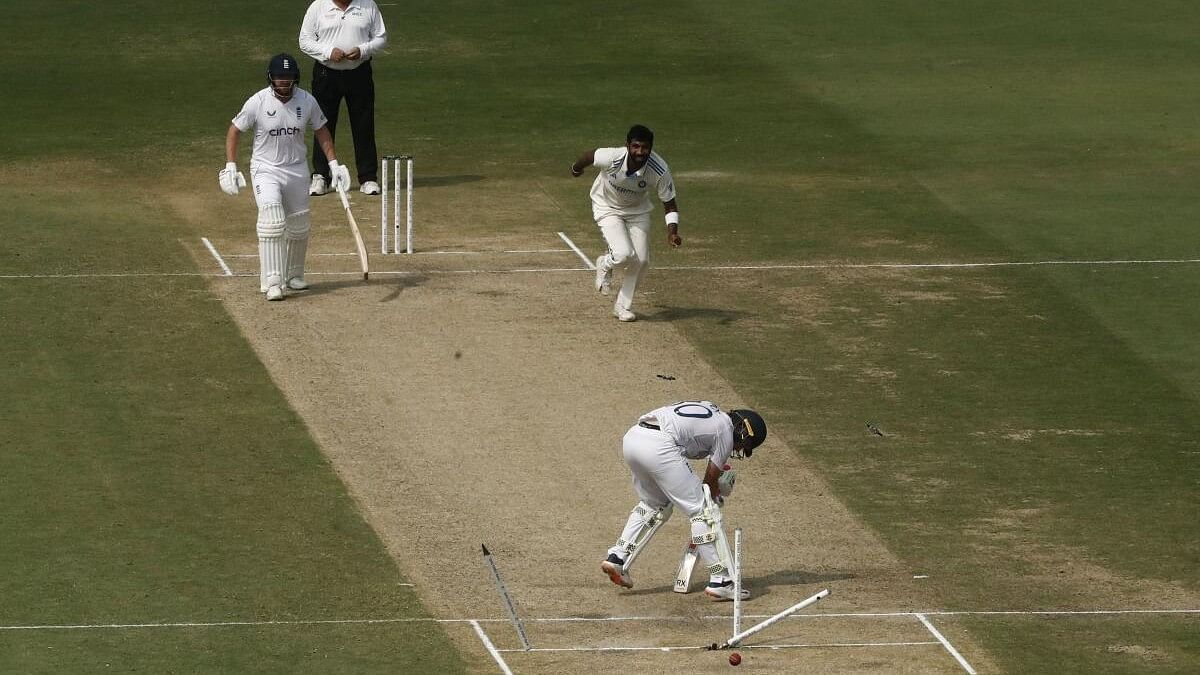 <div class="paragraphs"><p>Ollie Pope is bowled out by India's Jasprit Bumrah</p></div>