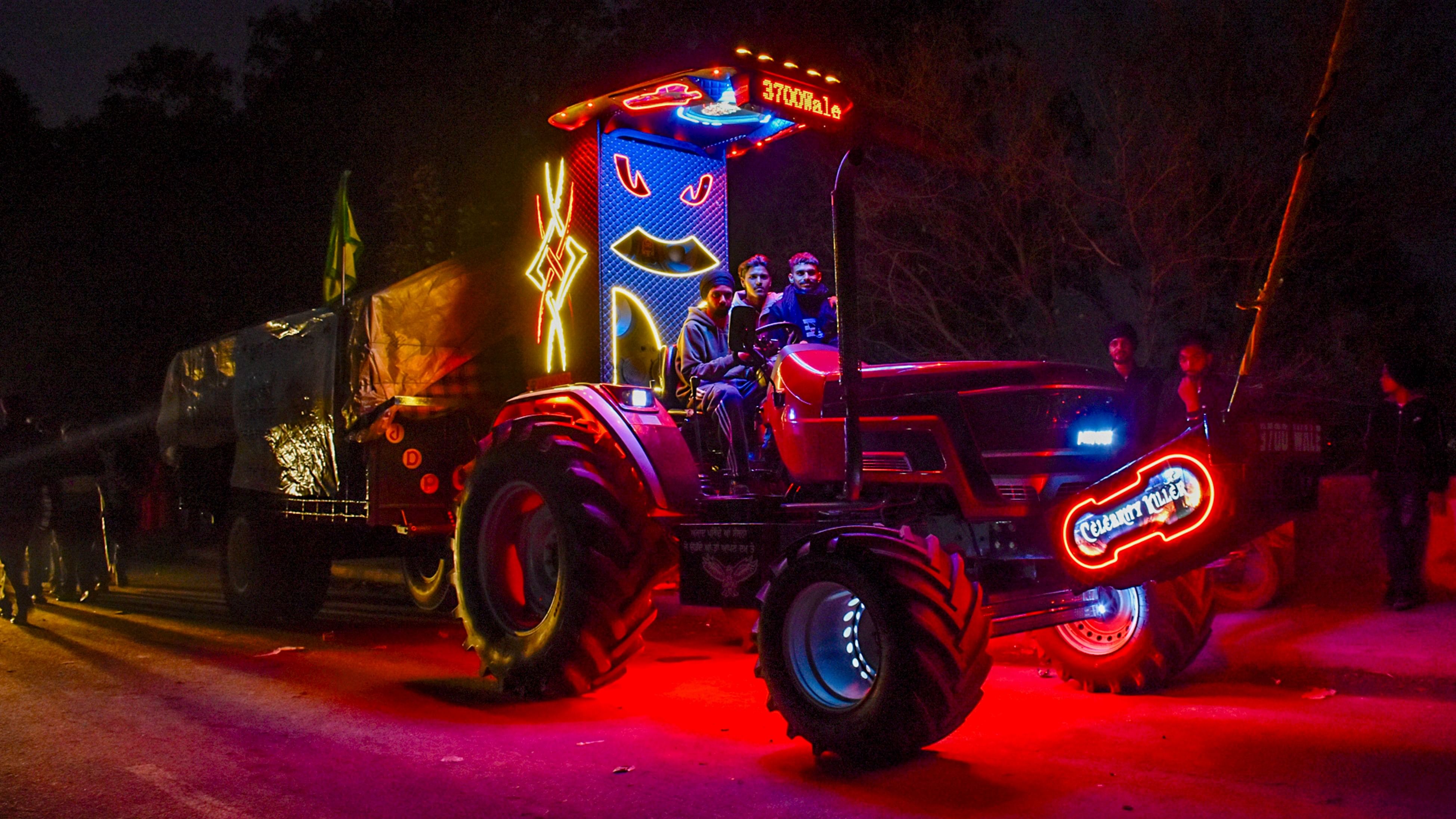 <div class="paragraphs"><p>Farmers on their tractor  during their protest over various demands, including a legal guarantee on the minimum support price (MSP) for crops and farm loan waiver, at the Punjab-Haryana Shambhu Border, in Patiala district, Tuesday, Feb. 20, 2024. </p></div>