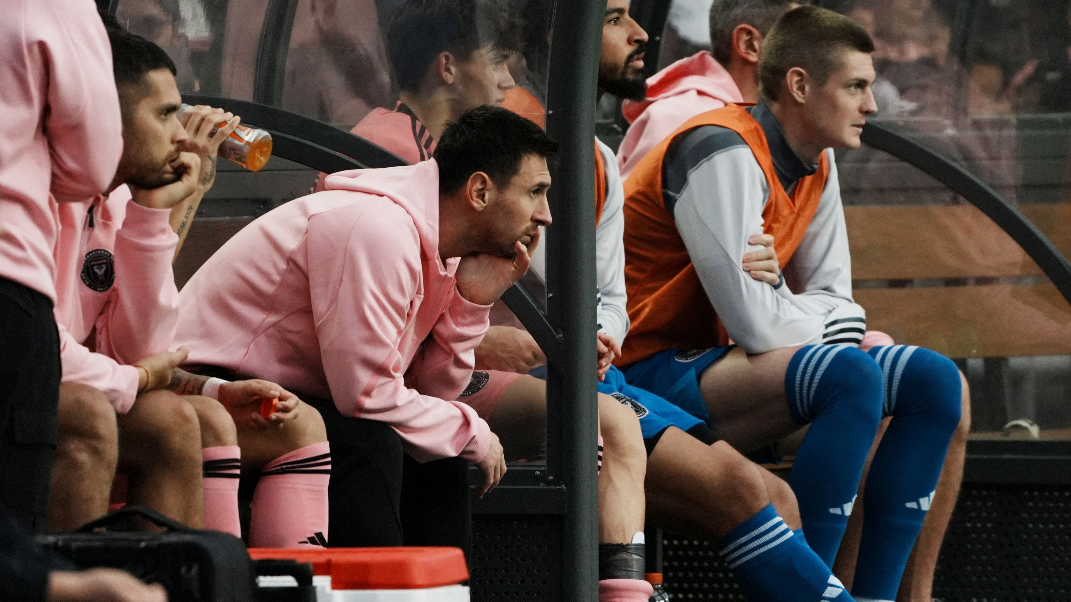 <div class="paragraphs"><p>  Inter Miami player Lionel Messi on the sideline in a preseason friendly soccer match against Hong Kong XI at Hong Kong Stadium. </p></div>