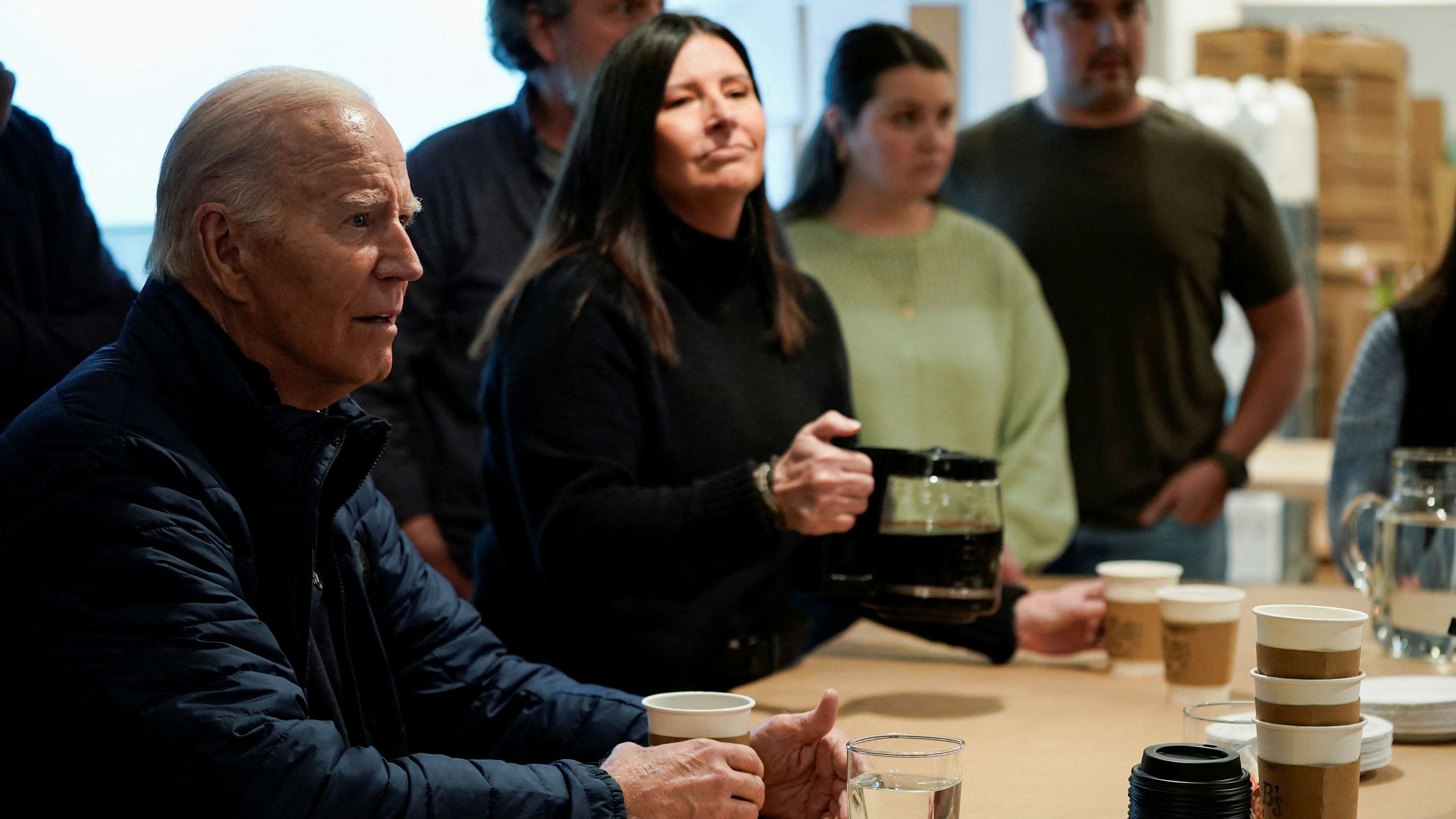 <div class="paragraphs"><p>US President Joe Biden meets with residents during his visit to East Palestine for the first time since a fiery derailment of a Norfolk Southern train a year ago released more than a million gallons of hazardous materials and pollutants, in East Palestine, Ohio, US, February 16, 2024. </p></div>