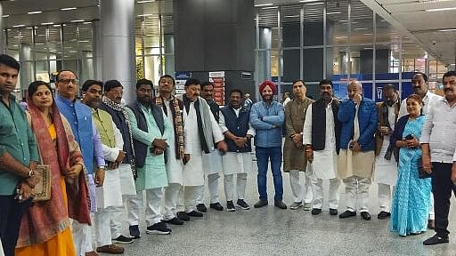 <div class="paragraphs"><p>Bihar Congress President Akhilesh Prasad Singh with party MLAs from Bihar in a group photo at the Hyderabad airport, Sunday, Feb. 4, 2024.</p></div>