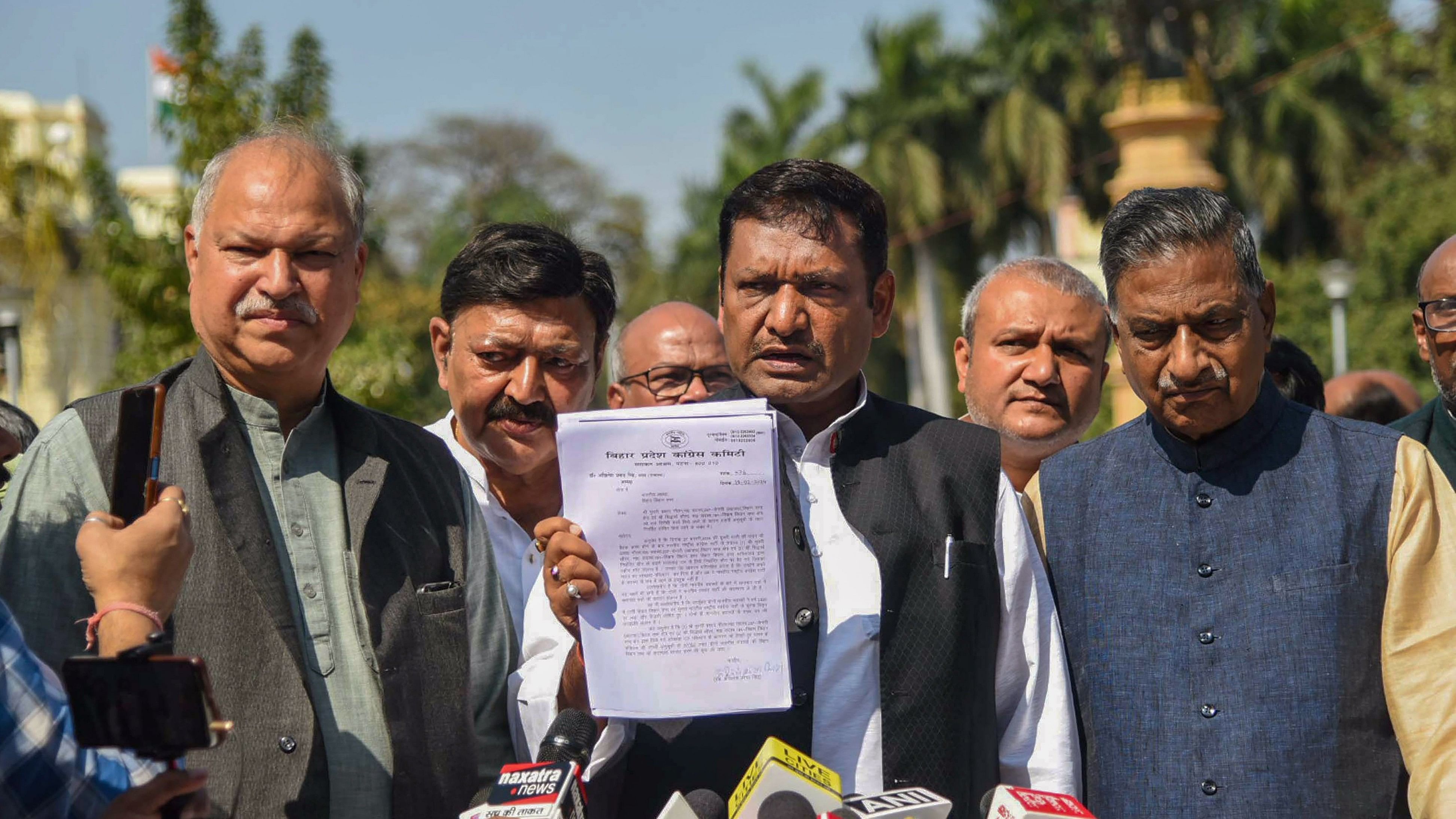 <div class="paragraphs"><p> Bihar Congress President Akhilesh Singh addressing a press conference after meeting the state Assembly Speaker Nand Kishore Yadav for suspension of two party MLAs who joined BJP, in Patna.</p></div>