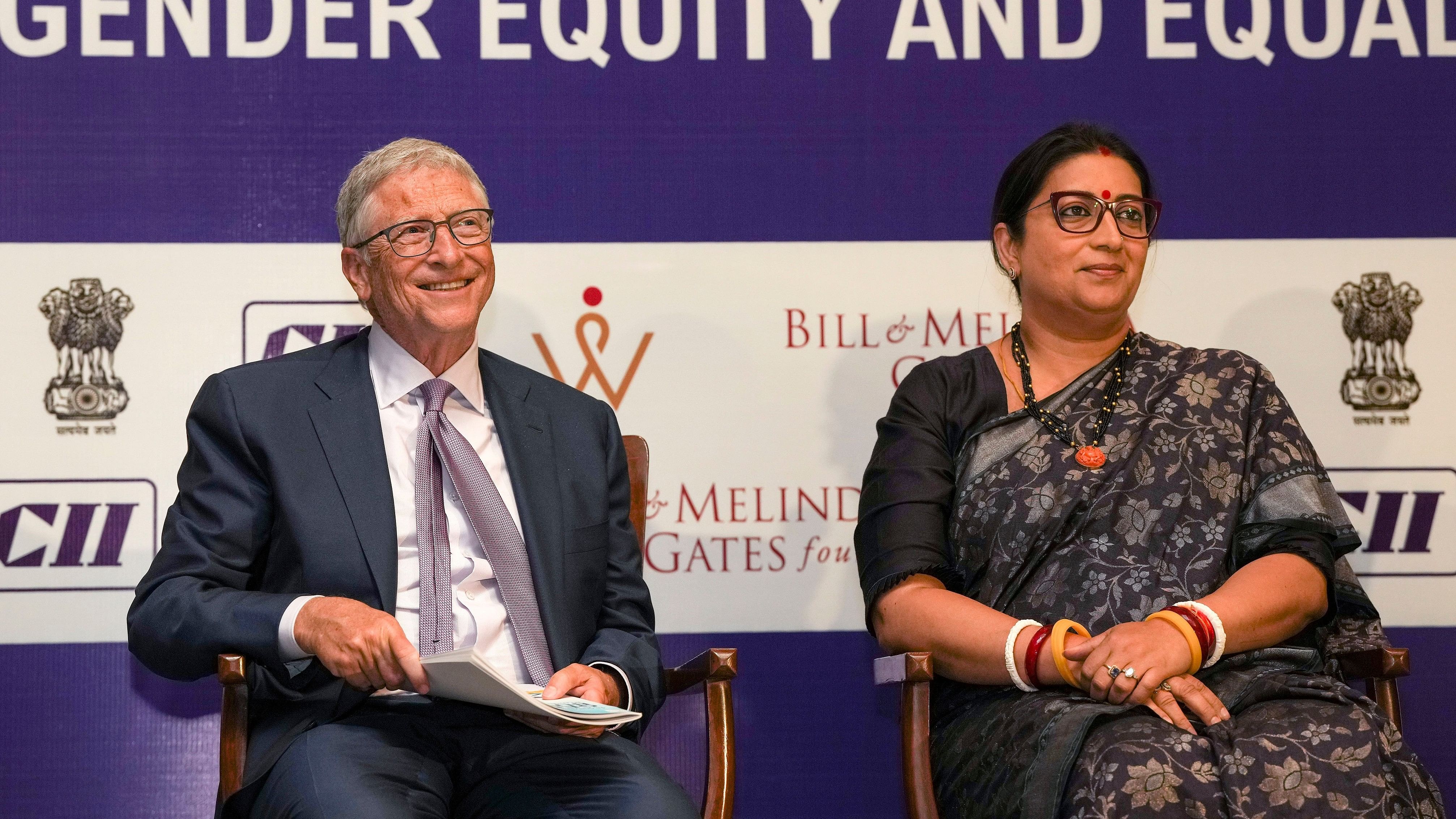 <div class="paragraphs"><p>Union Minister Smriti Irani and former CEO of Microsoft Bill Gates at the Alliance For Global Good On Gender Equity And Equality event, in New Delhi, Wednesday, February 28, 2024. </p></div>