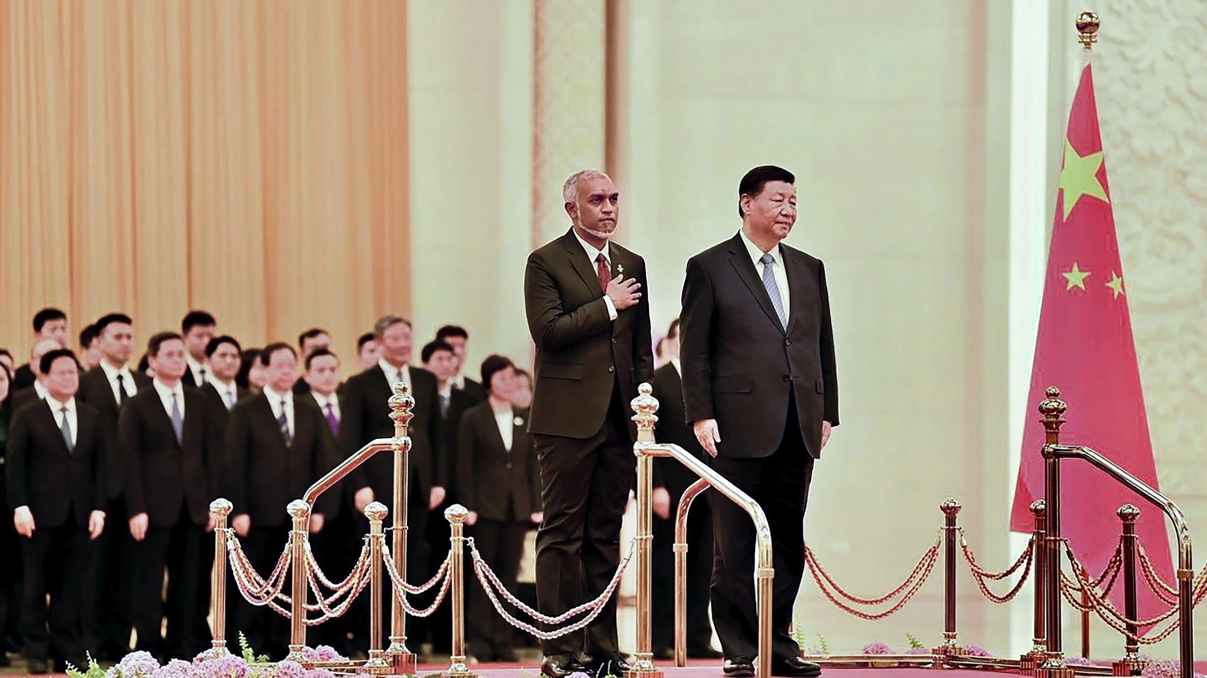 <div class="paragraphs"><p>Chinese President Xi Jinping with Maldives' President Mohamed Muizzu, in Beijing, Wednesday, Jan. 10, 2024.</p></div>
