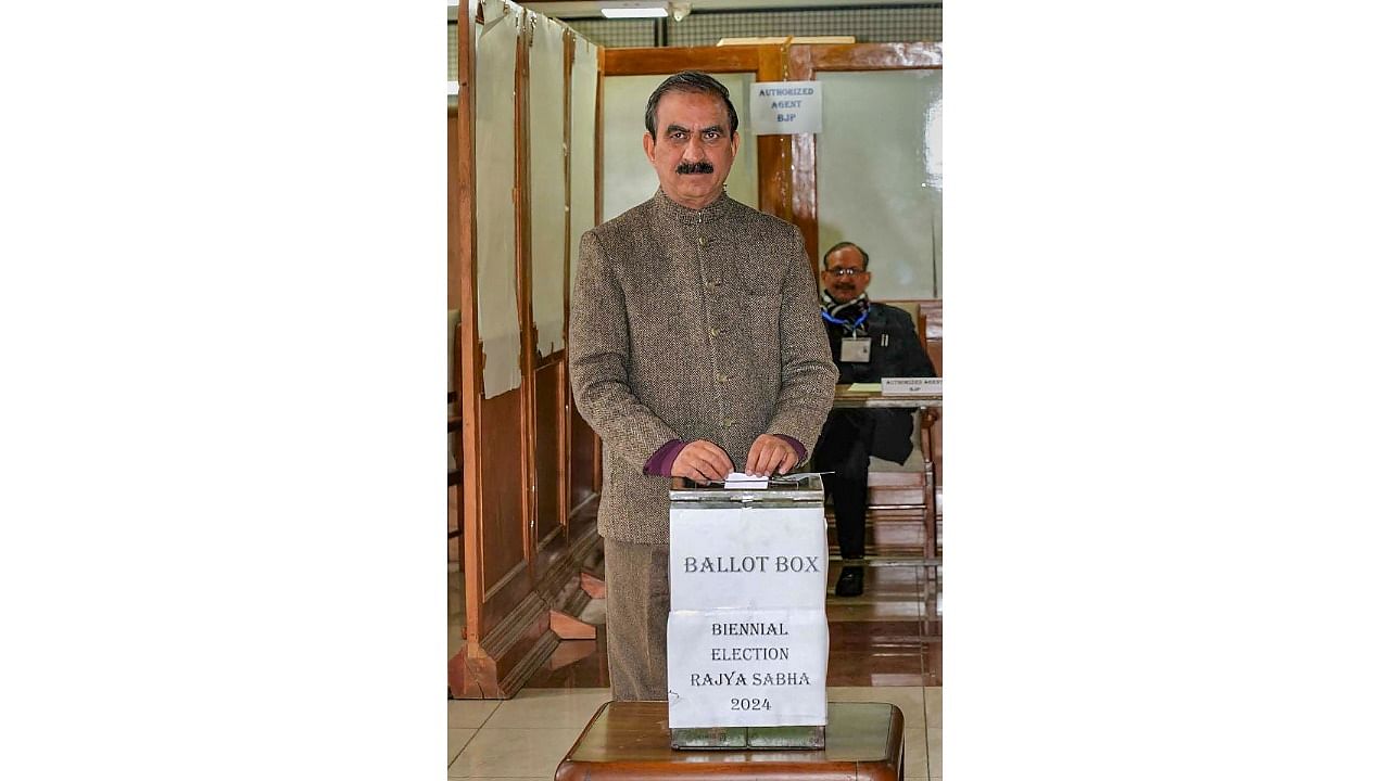 <div class="paragraphs"><p>Himachal Pradesh Chief Minister Sukhvinder Singh Sukhu casts his vote for the Rajya Sabha elections, at Assembly complex in Shimla.</p></div>