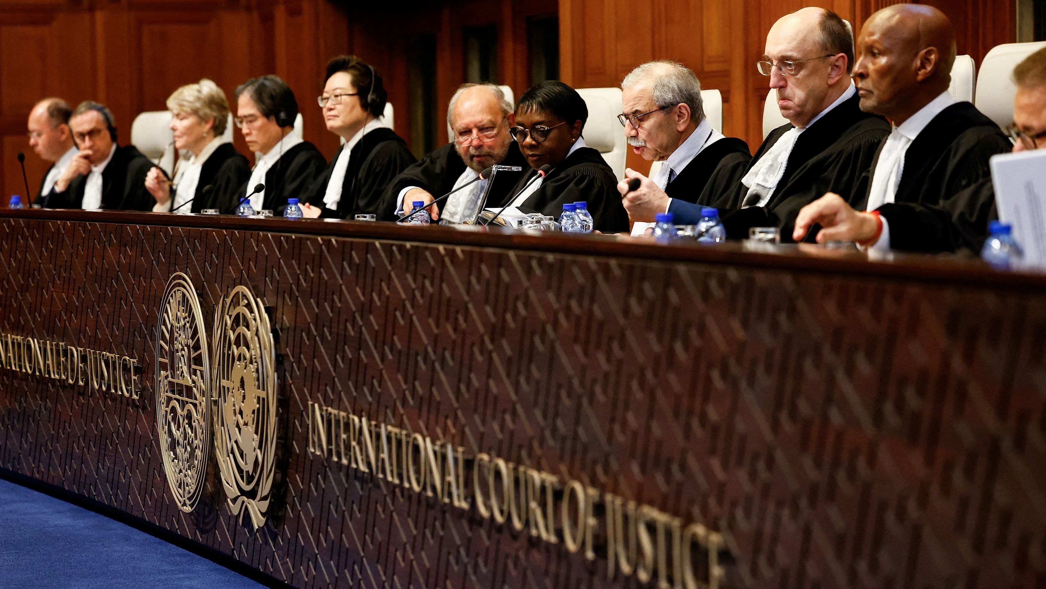 <div class="paragraphs"><p>File Photo: Judge Nawaf Salam, president of the International Court of Justice, speaks during a public hearing held by ICJ to allow parties to give their views on the legal consequences of Israel's occupation of the Palestinian territories before eventually issuing a non-binding legal opinion in The Hague, Netherlands, February 19, 2024. </p></div>