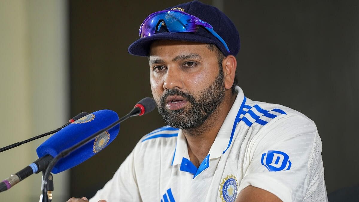 <div class="paragraphs"><p>Rohit Sharma addresses the post-match press conference after the fourth cricket Test in Ranchi.</p></div>