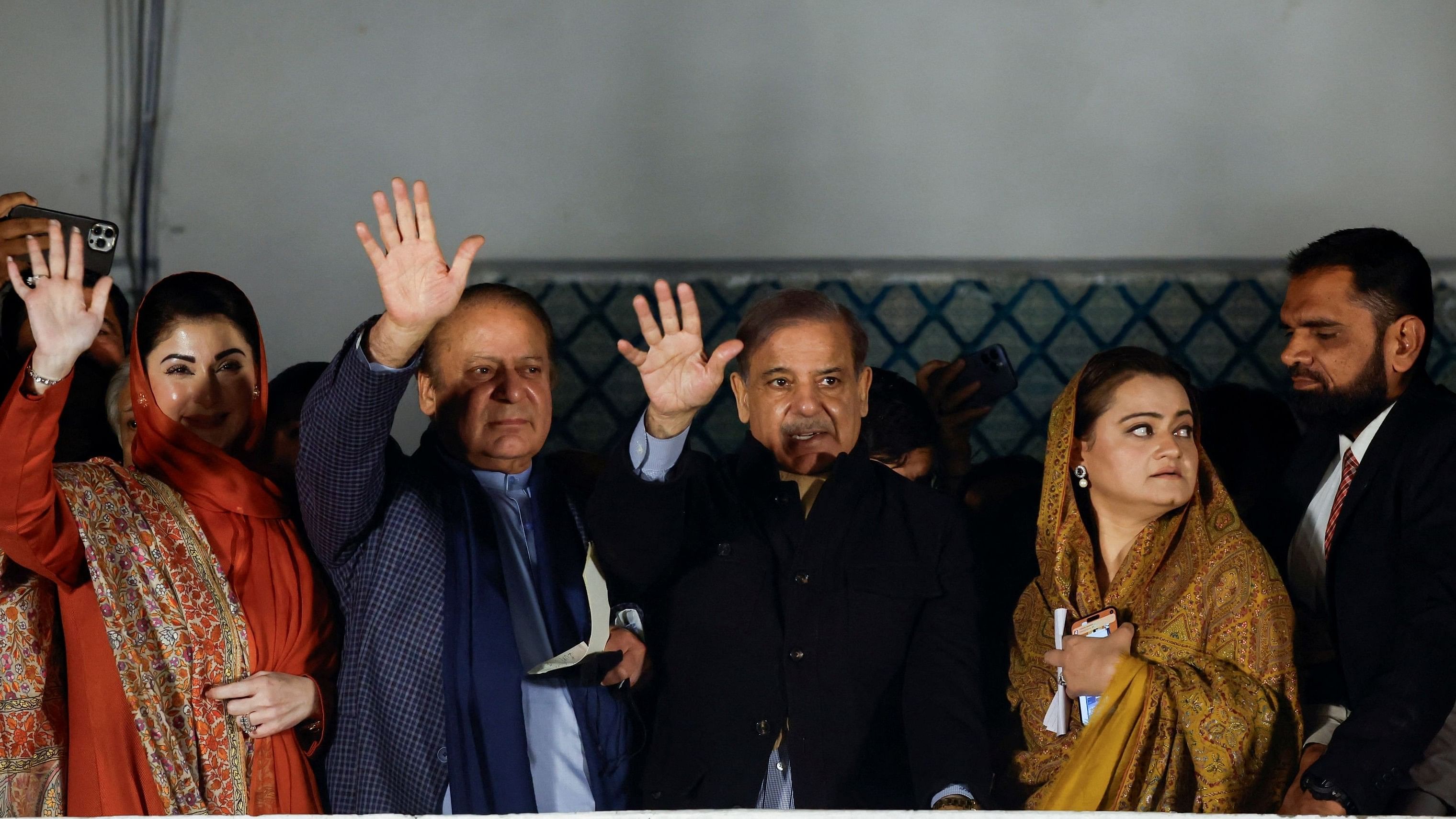 <div class="paragraphs"><p>Former Prime Minister of Pakistan Nawaz Sharif, his daughter and politician Maryam Nawaz Sharif, his brother and former Prime Minister Shahbaz Sharif, and former Information Minister Marriyum Aurangzeb gesture as they gather at the party office of Pakistan Muslim League  at Model Town in Lahore, Pakistan, February 9, 2024. </p></div>