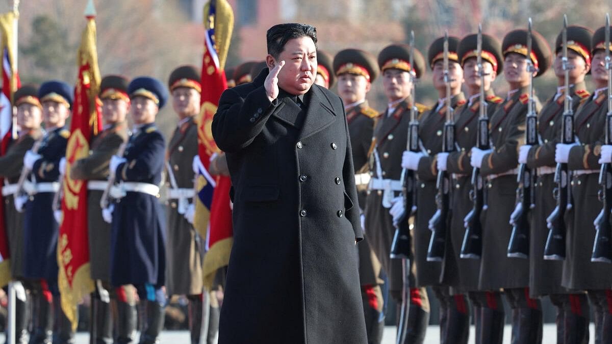 <div class="paragraphs"><p>North Korean leader Kim Jong Un visits the Ministry of National Defense on the occasion of the 76th anniversary of the founding of the Korean People's Army in Pyongyang, North Korea in this picture released on February 9.</p></div>