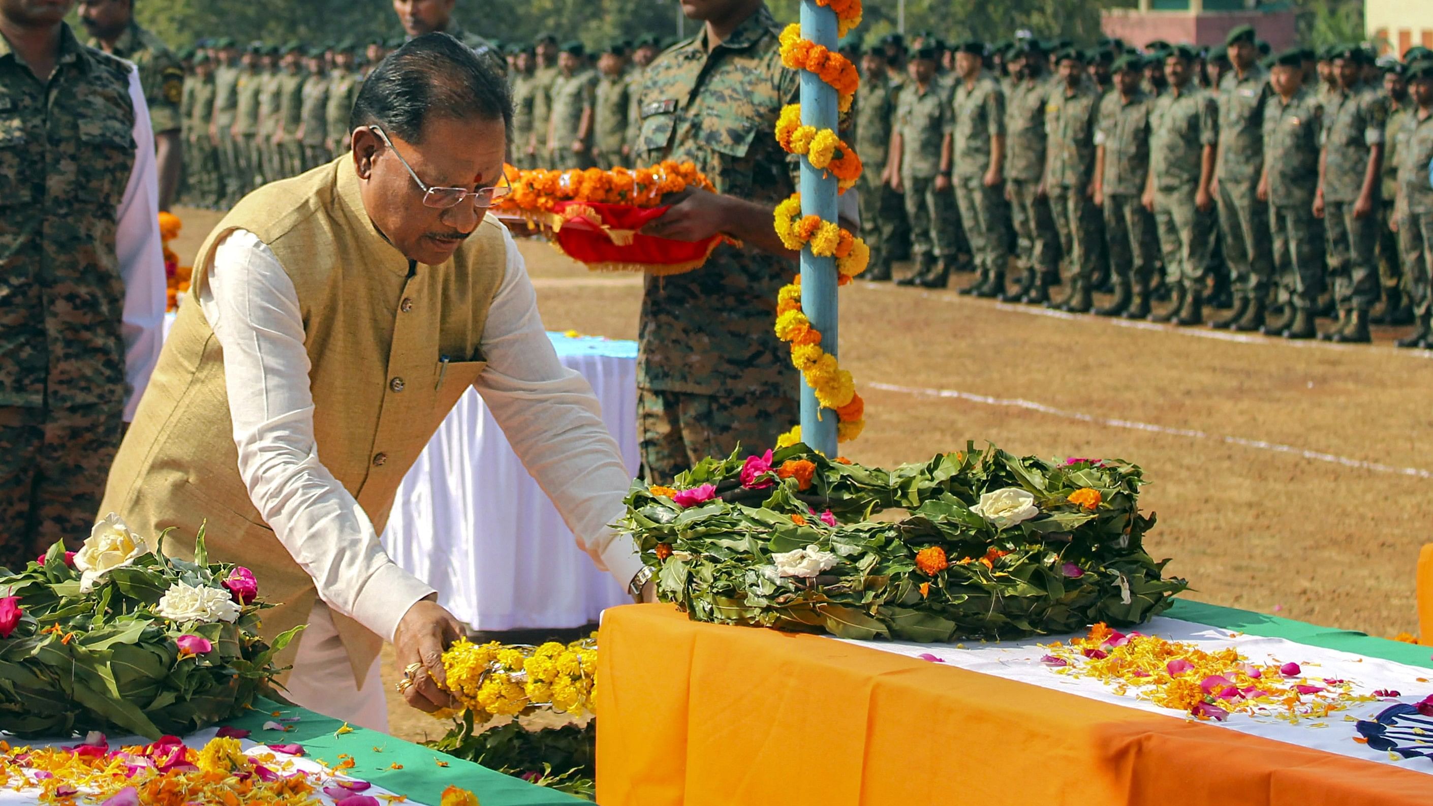 <div class="paragraphs"><p> Chhattisgarh Chief Minister Vishnu Deo Sai pays his last respects to CRPF personnel who lost their lives in a Naxal attack, in Jagdalpur, Wednesday, January 31, 2024. </p></div>