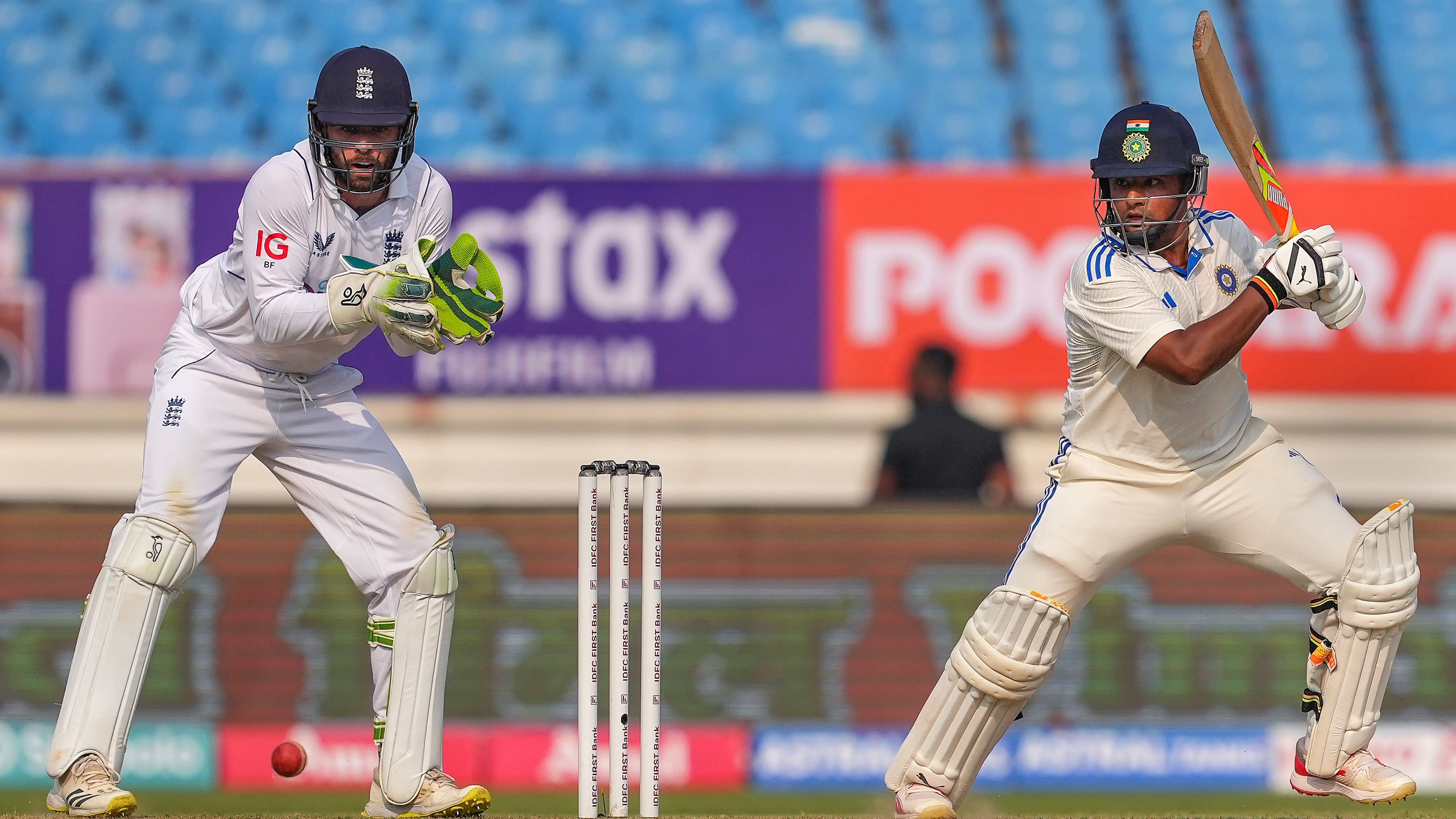 <div class="paragraphs"><p>India's batter Sarfaraz Khan plays a shot during the first day of the third Test cricket match between India and England, in Rajkot, on Thursday.</p></div>