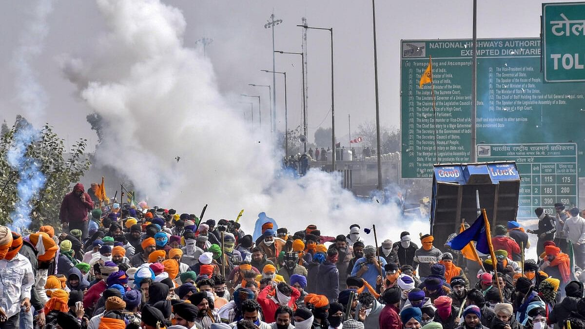 <div class="paragraphs"><p>Smoke rises from tear gas being fired upon the protesting farmers during their 'Delhi Chalo' march.&nbsp;</p></div>