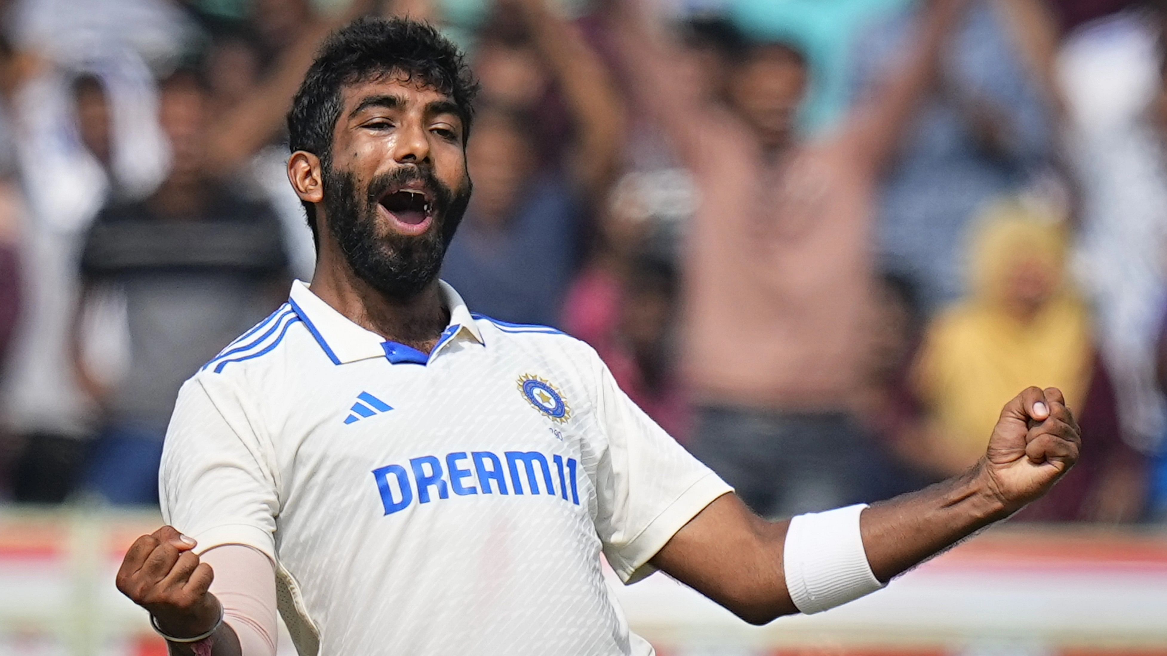 <div class="paragraphs"><p>Jasprit Bumrah celebrates after taking a wicket during the fourth day of the second Test match between India and England in Visakhapatnam, on Monday, February 5, 2024.</p></div>