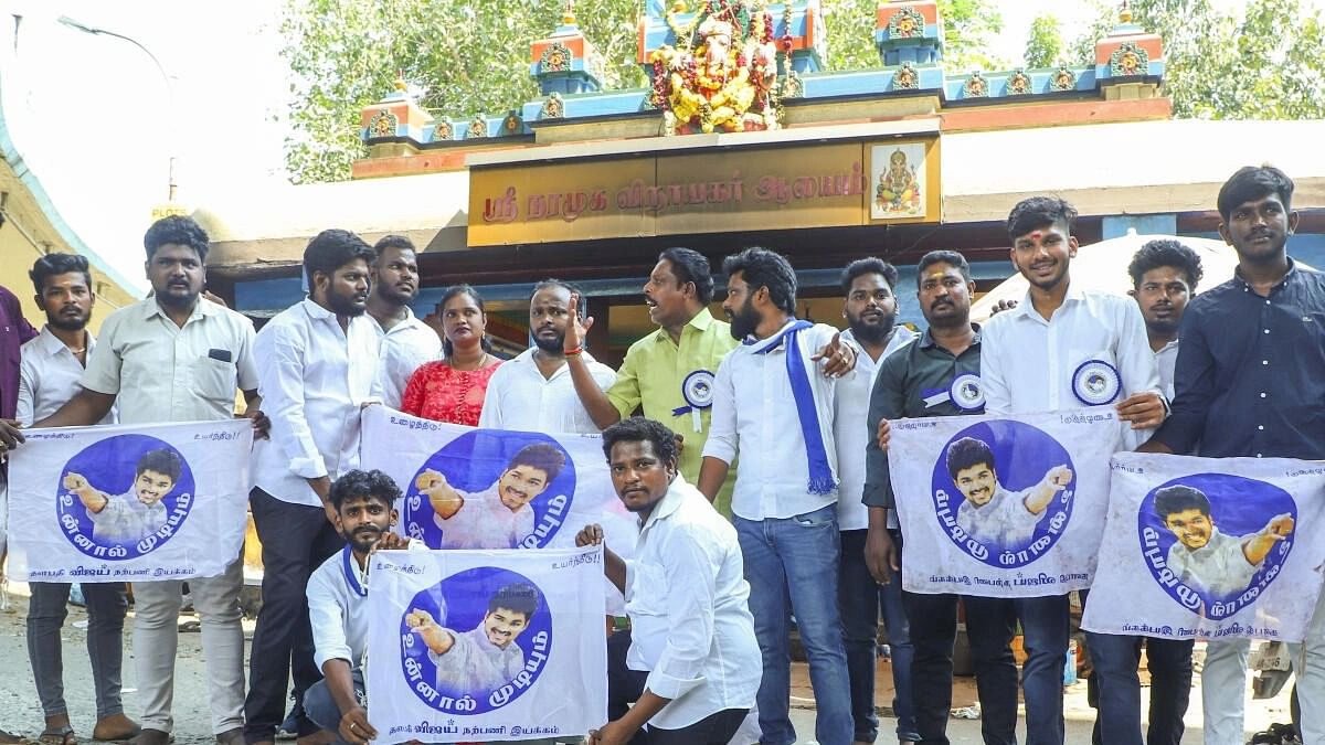 <div class="paragraphs"><p>Fans of actor Vijay celebrate after the latter announced the launch of his political party 'Tamizhaga Vetri Kazhagam' ahead of the 2026 Assembly elections, in Chennai.</p></div>