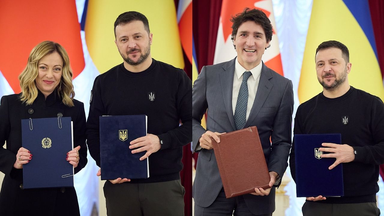 <div class="paragraphs"><p>Ukrainian President Volodymyr Zelenskyy with&nbsp;Italian Prime Minister Giorgia Meloni (L) and Canadian Prime Minister Justin Trudeau</p></div>