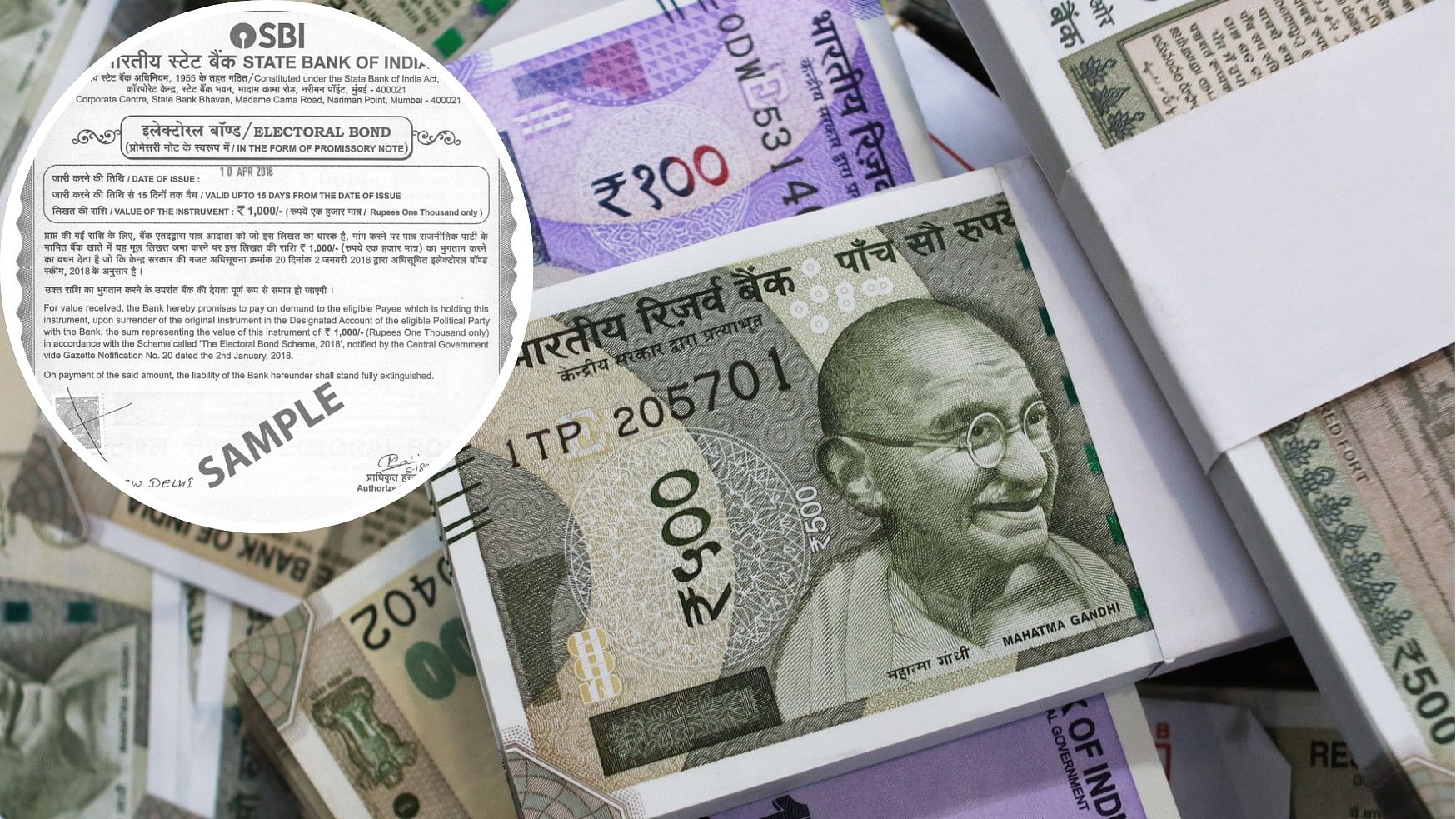 <div class="paragraphs"><p>Representative image showing a sample of electoral bonds along with 500 and 100 rupee notes.</p></div>