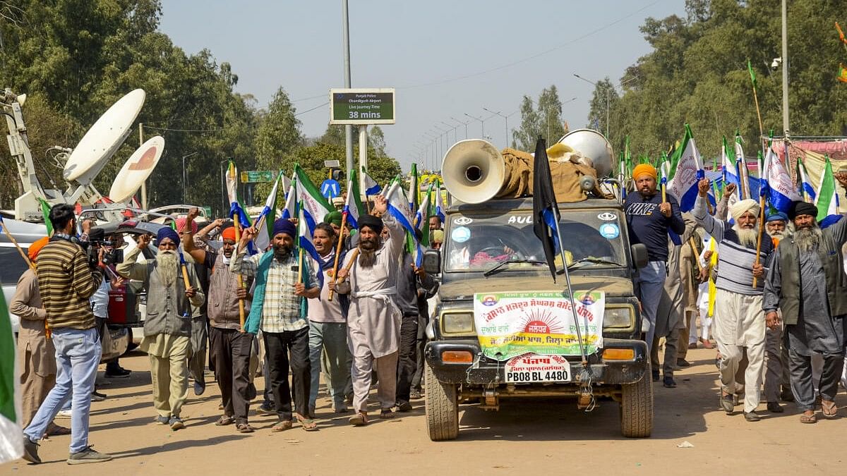 <div class="paragraphs"><p>Farmers during their 'Delhi Chalo' march, near the Punjab-Haryana Shambhu border, in Patiala district, Saturday, Feb. 25, 2024.</p></div>