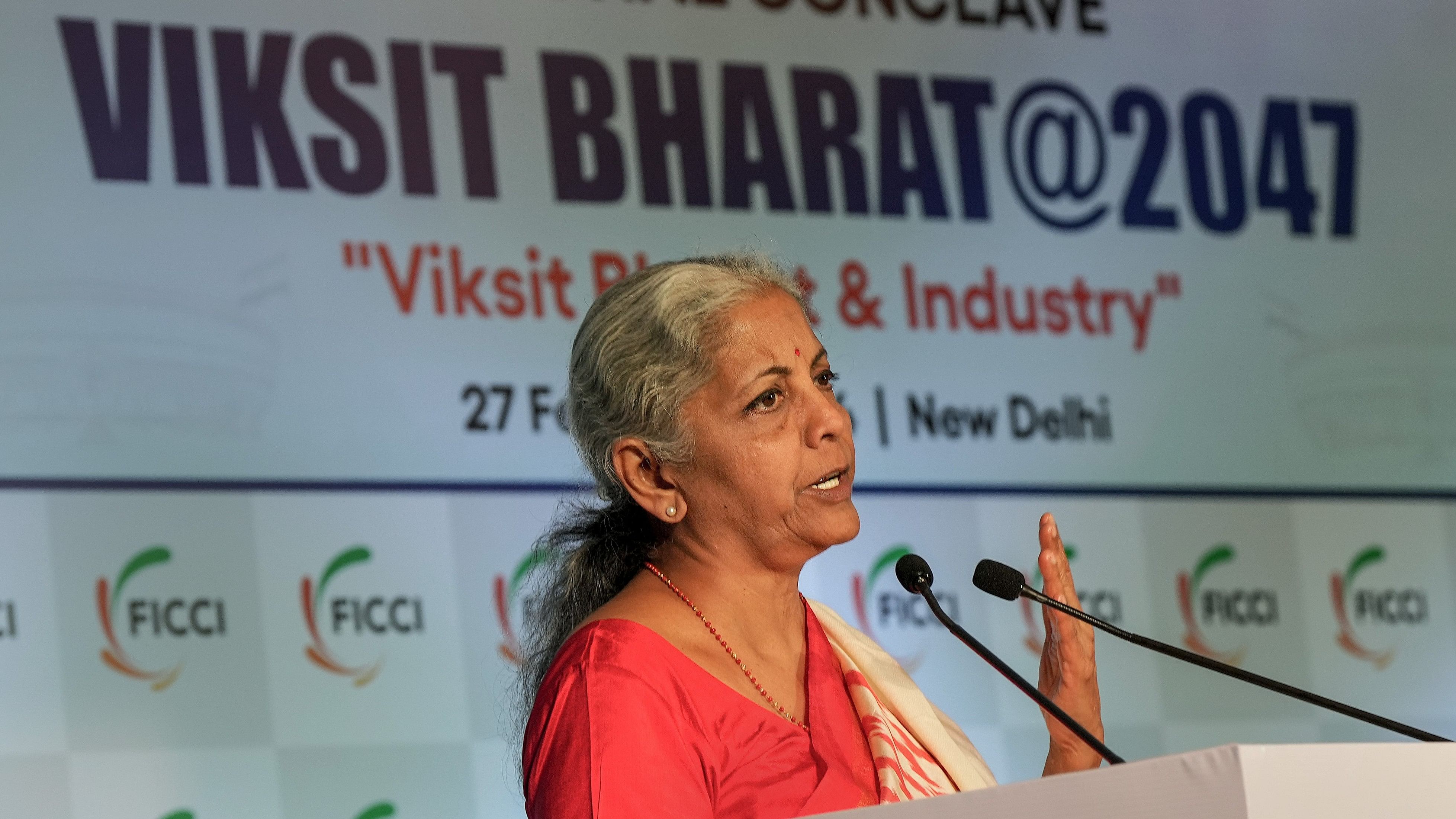 <div class="paragraphs"><p>A photo of Union Finance Minister Nirmala Sitharaman addresses 'Viksit Bharat@2047' national conclave, in New Delhi.</p></div>