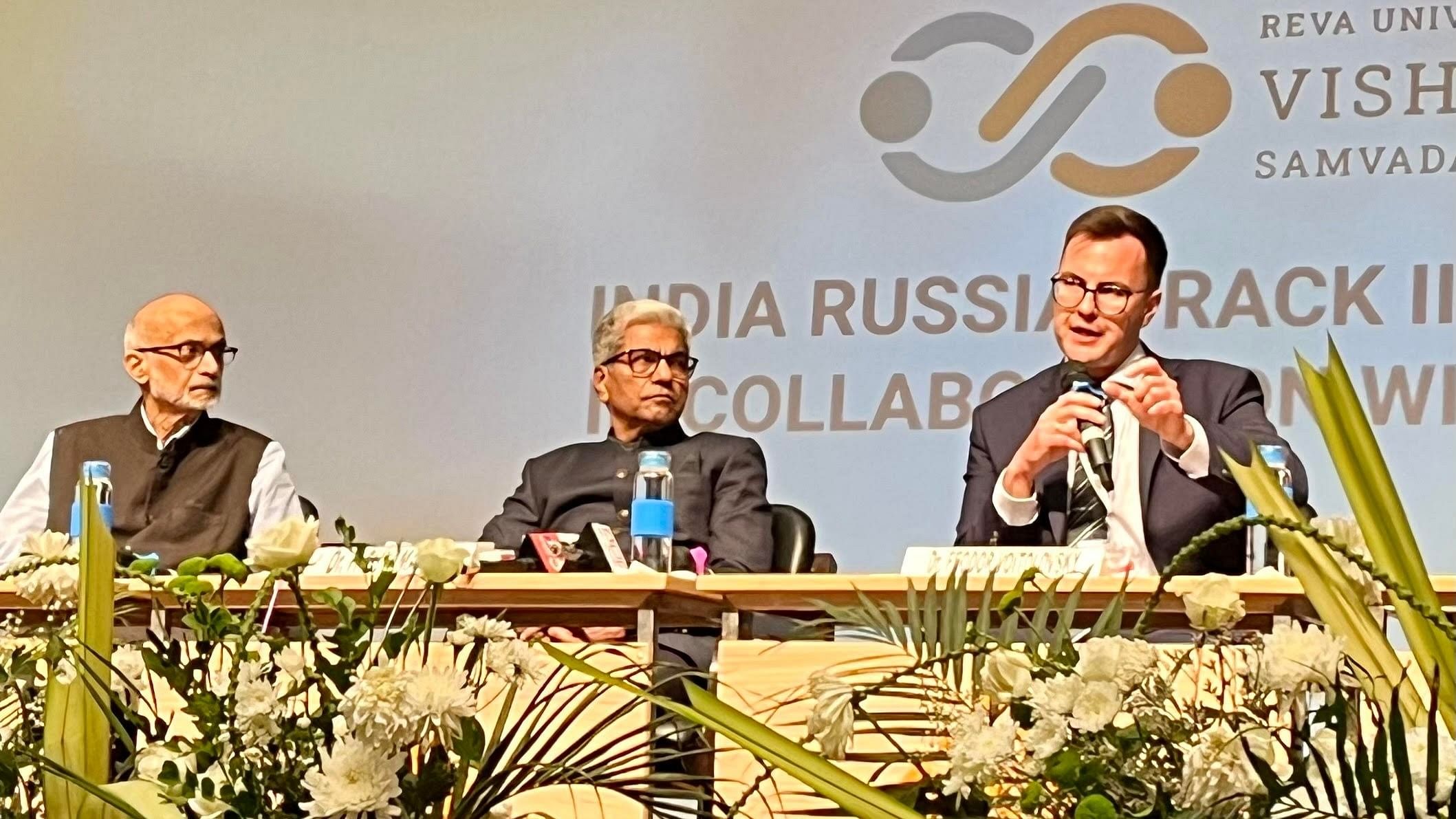 <div class="paragraphs"><p>(L-R)&nbsp;Madhav Das Nalapat,&nbsp;P Shyama Raju, and&nbsp;Feodor Voitolovsky during the media interaction on Wednesday. </p></div>