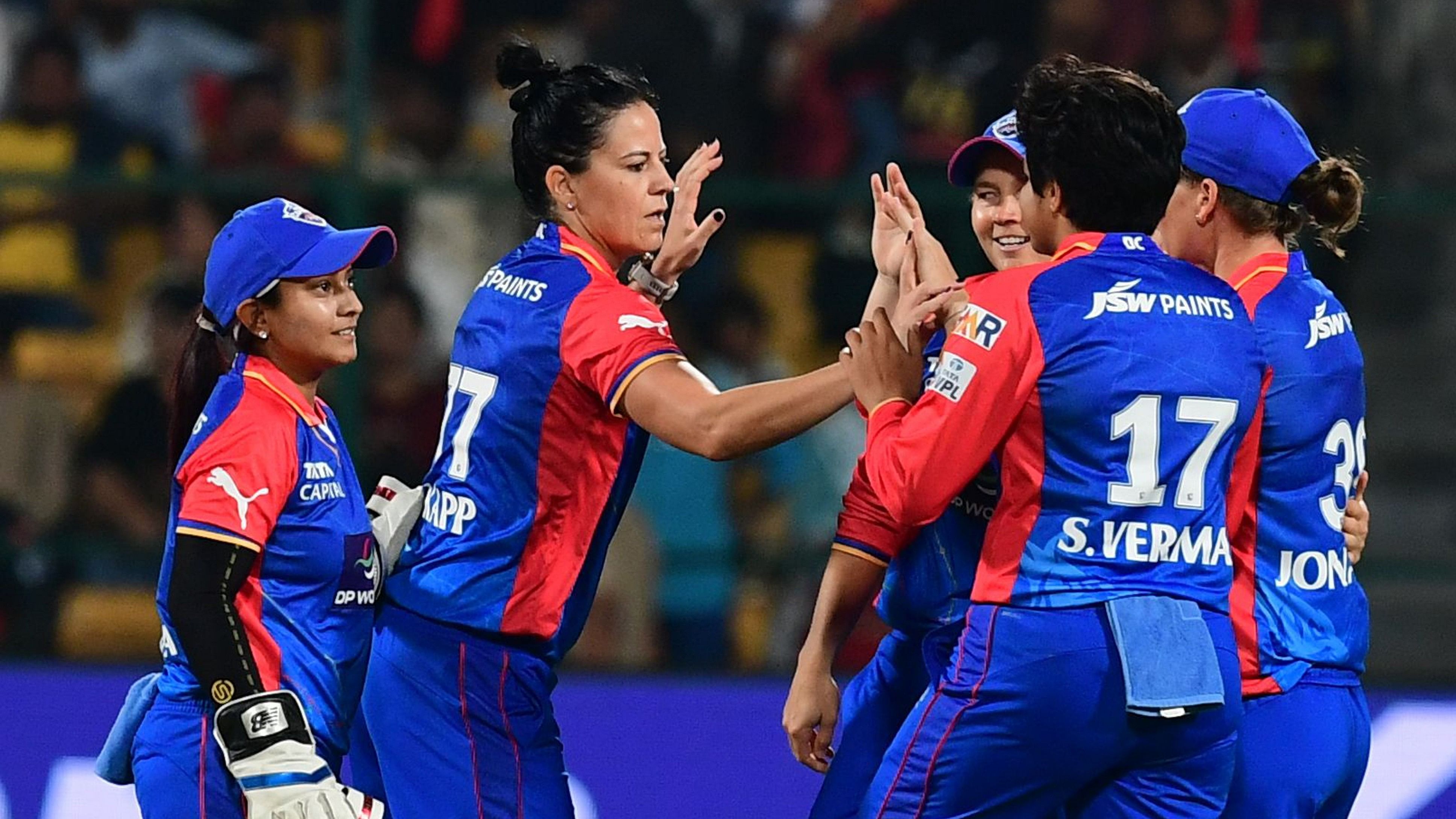 <div class="paragraphs"><p>Marizanne Kapp celebrates after taking a wicket during Delhi Capitals' win over Royal Challengers Bangalore at the M Chinnaswamy Stadium in Bengaluru on Thursday. </p></div>