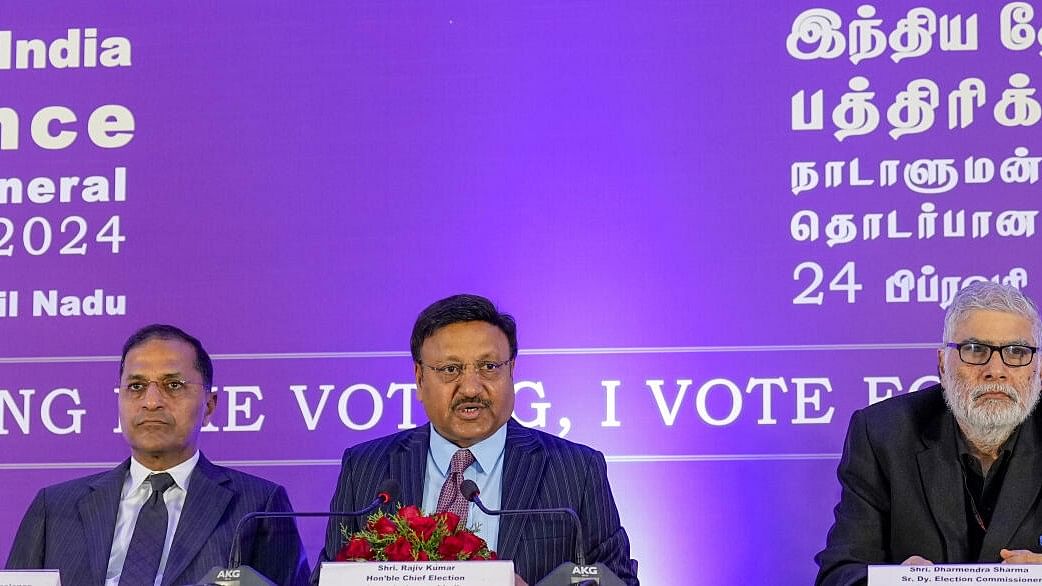 <div class="paragraphs"><p>Chief Election Commissioner Rajiv Kumar with Election Commissioner Arun Goel and Senior Deputy Election Commissioner Dharmendra Sharma addresses a press conference on poll preparedness for the upcoming Lok Sabha elections, in Chennai, Saturday, Feb. 24, 2024.</p></div>