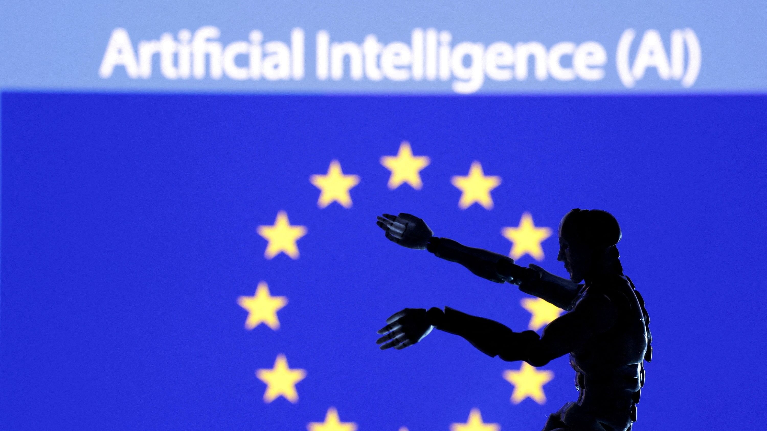 <div class="paragraphs"><p>AI Artificial intelligence words, miniature of robot and EU flag are seen in this illustration.</p></div>