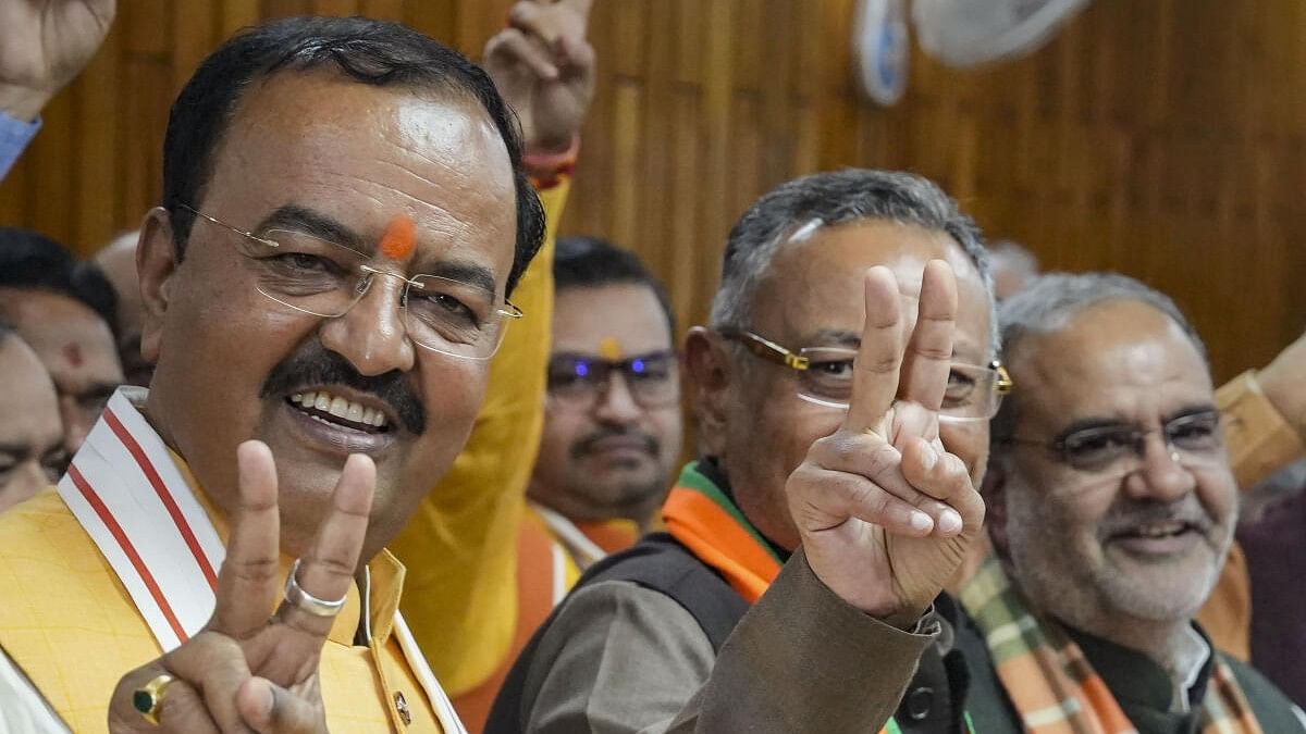 <div class="paragraphs"><p>BJP candidate Sanjay Seth with Deputy Chief Minister Keshav Prasad Maurya and BJP state president Bhupendra Chaudhary after filing his nomination papers for Rajya Sabha elections.</p></div>