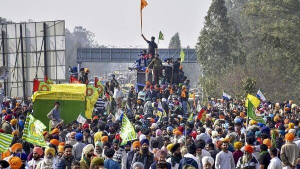 <div class="paragraphs"><p>Farmers during their 'Dilli Chalo' protest march, at the Punjab-Haryana Shambhu border, in Patiala district, Tuesday, Feb. 20, 2024.&nbsp;</p></div>