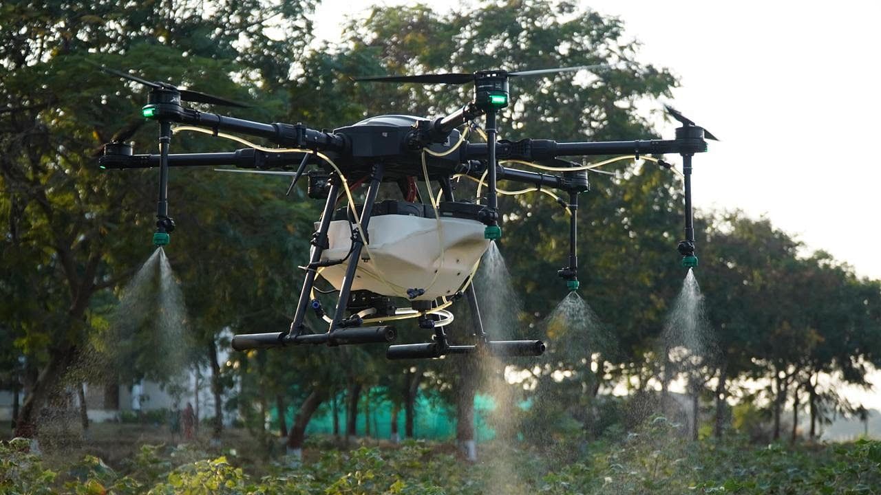 <div class="paragraphs"><p>A drone sprays pesticides at an agricultural farm in Telangana. </p></div>