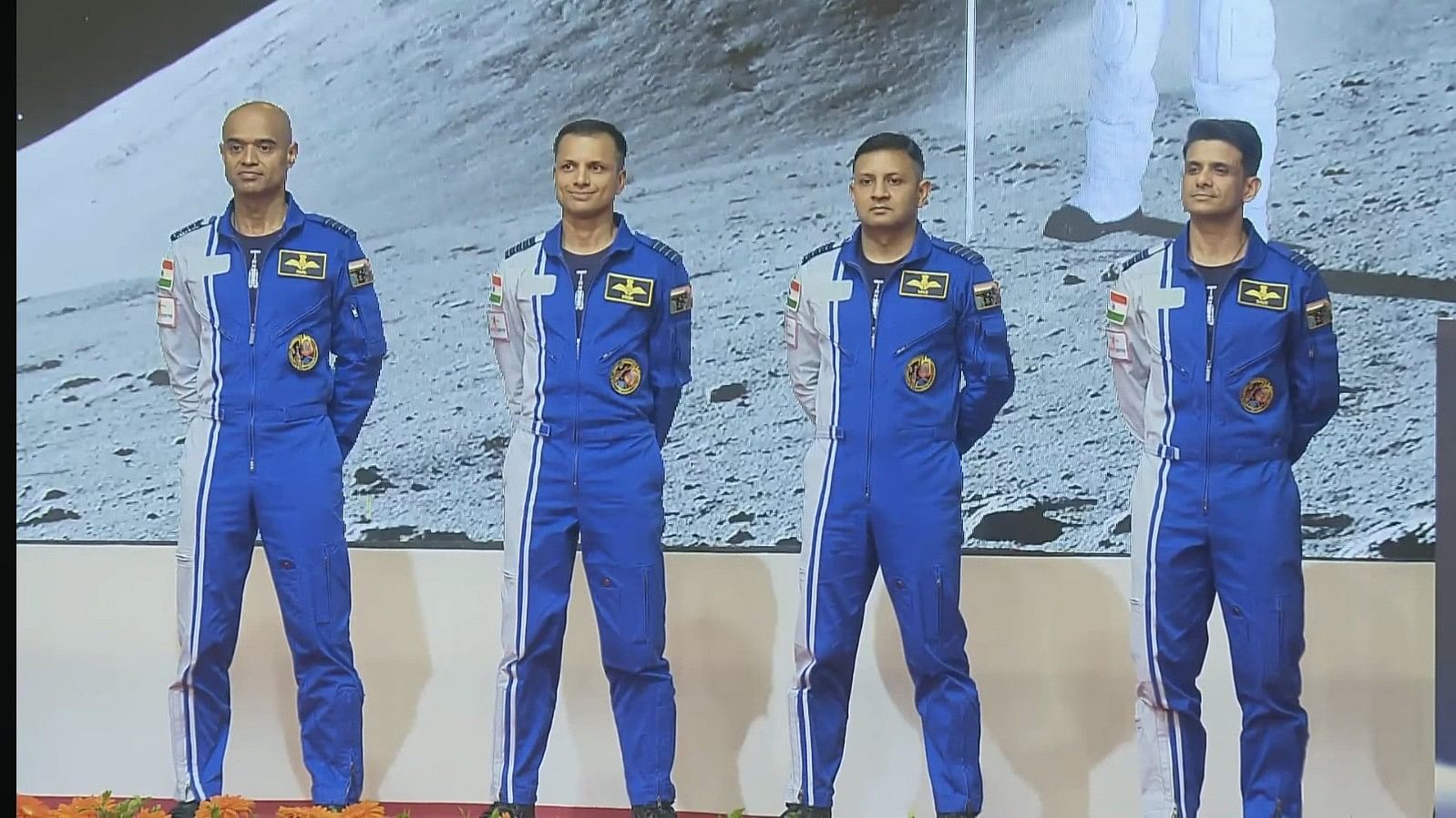 <div class="paragraphs"><p>Group Captains Prasanth Balakrishnan Nair, Ajit Krishnan and Angad Pratap and Wing Commander Shubhanshu Shukla, the four astronauts selected for the Gaganyaan mission are bestowed ‘astronaut wings’ by Prime Minister Narendra Modi.</p></div>