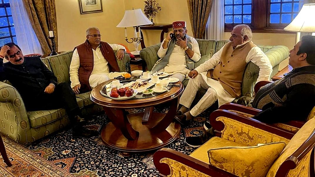 <div class="paragraphs"><p>Himachal Pradesh Chief Minister Sukhvinder Singh Sukhu, Karnataka Deputy Chief Minister DK Shivakumar, Former Chhattisgarh chief minister Bhupesh Baghel, Former Haryana chief minister Bhupinder Singh Hooda and Congress leader Rajeev Shukla during a meeting, in Shimla, Wednesday, Feb. 28, 2024.</p></div>